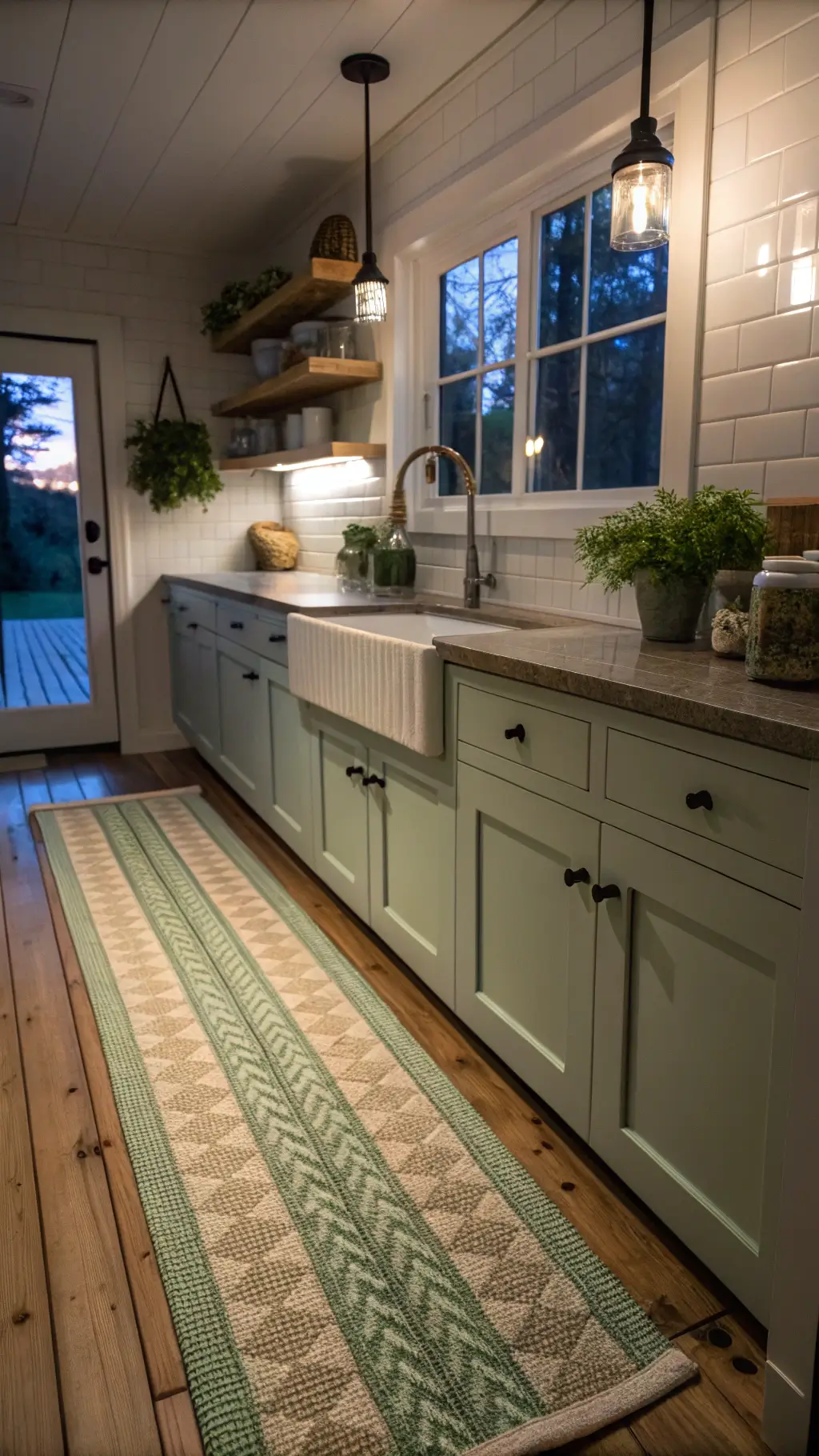 intimate galley kitchen with moody lighting, farmhouse sink, white subway tile backsplash, reclaimed wood flooring, and rustic decor during blue hour