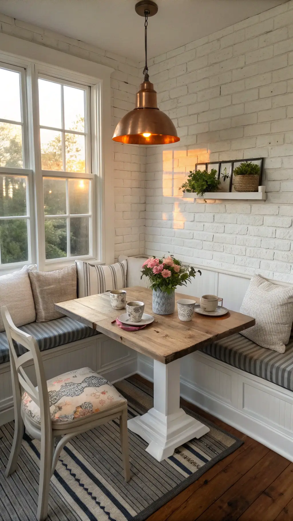 cozy breakfast nook with L-shaped mat, banquette seating, whitewashed brick walls, morning light, copper pendant, distressed table, coffee cups, and fresh flowers
