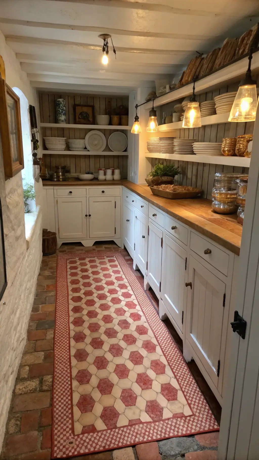 intimate evening-lit rustic butler pantry with white oak open shelving, copper task lighting, faded red and tan buffalo check cotton mat, vintage kitchen tools, fresh herbs in ceramic crocks on hexagonal floor tiles