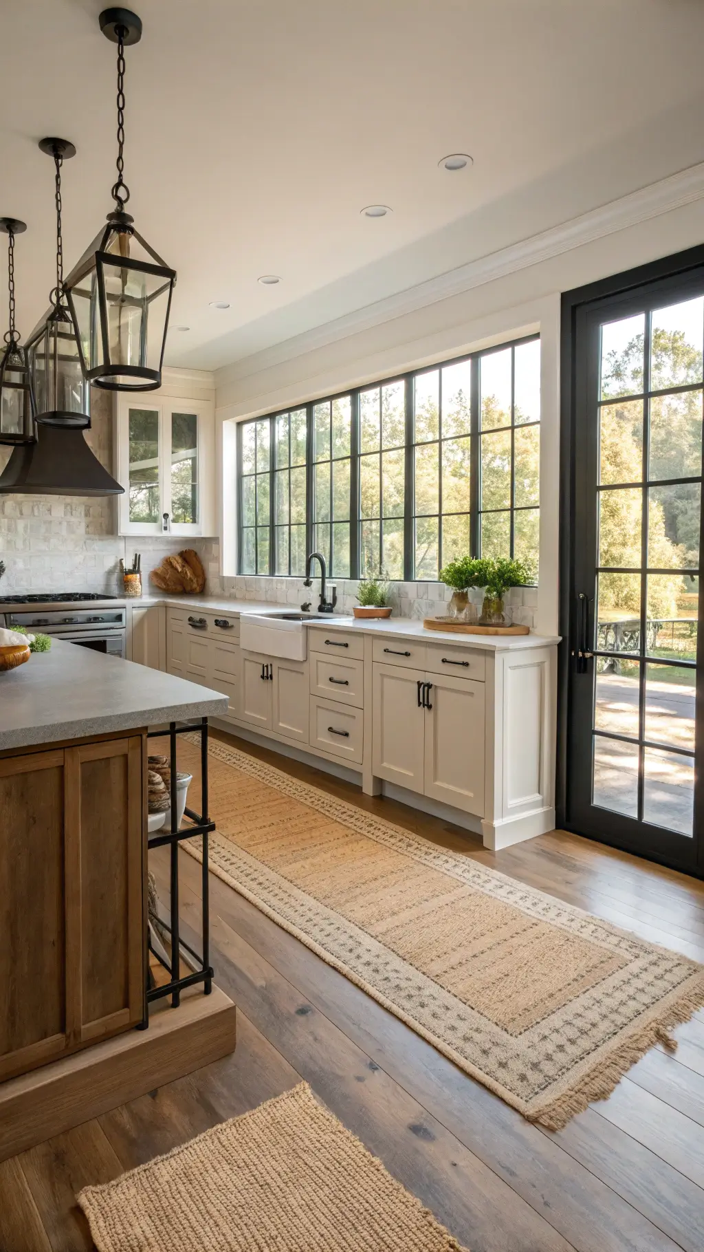 modern farmhouse kitchen with large island, black steel windows, vintage enamel colander collection, anti-fatigue mats, and custom cabinetry in afternoon light