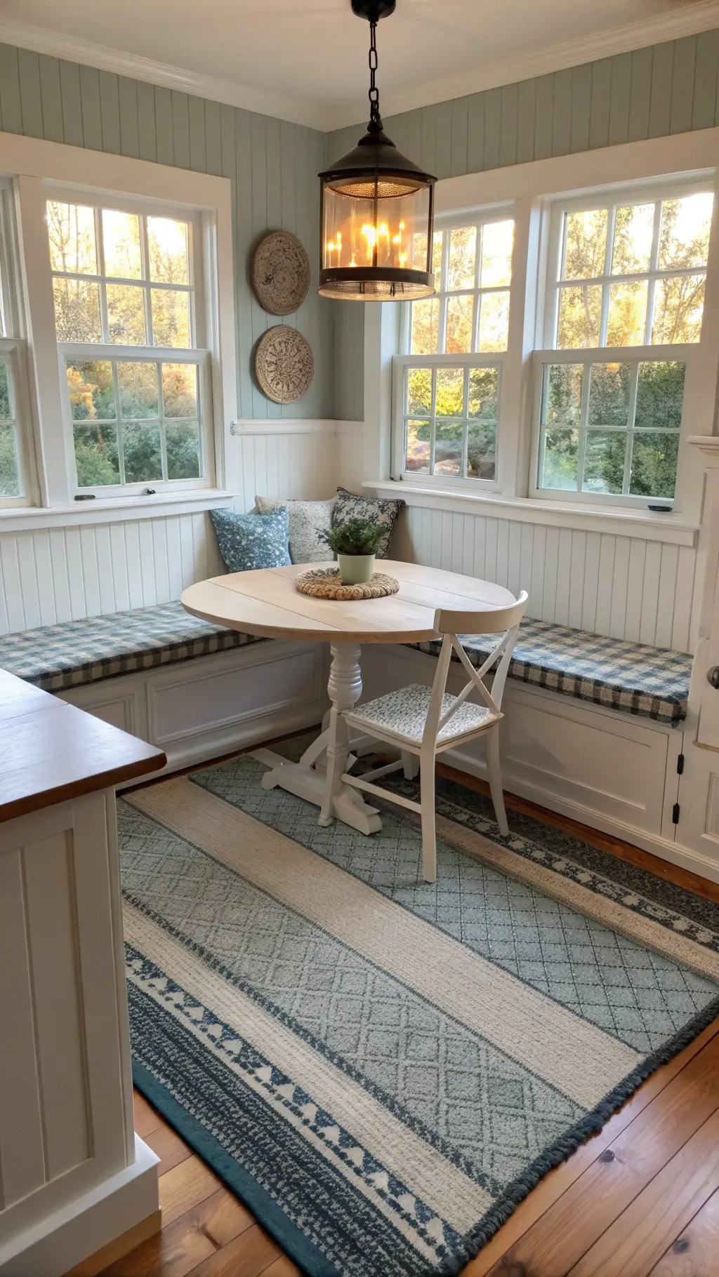 early morning light illuminating a corner kitchen nook with layered mats, beadboard wainscoting, vintage enamelware, and glowing pendant light