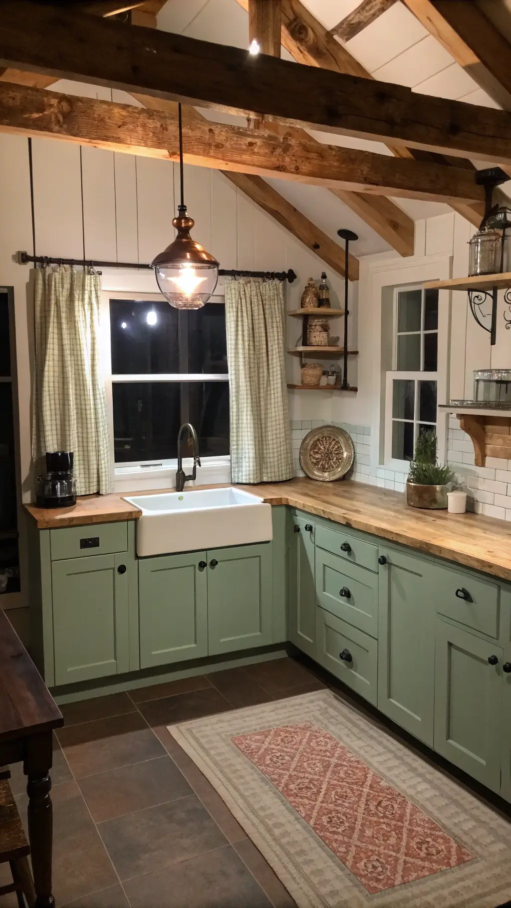 Rustic farmhouse kitchen with sage green and white cabinetry, reclaimed wood beams, vintage copper lighting, and butcher block counters under soft afternoon light