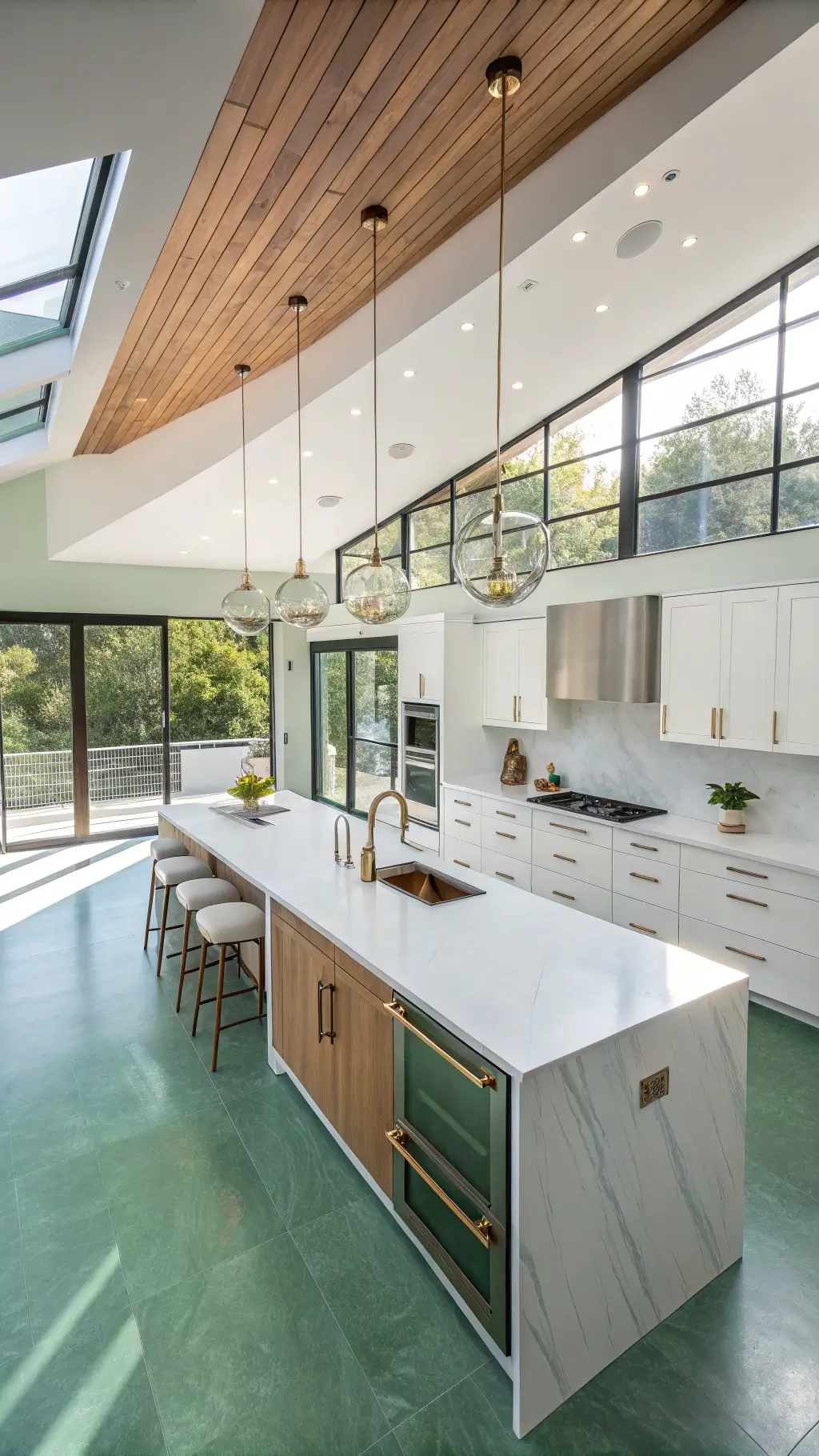 Modern open-plan kitchen with sage green cabinetry, white quartz countertops, brushed gold fixtures, and a waterfall island illuminated by afternoon light