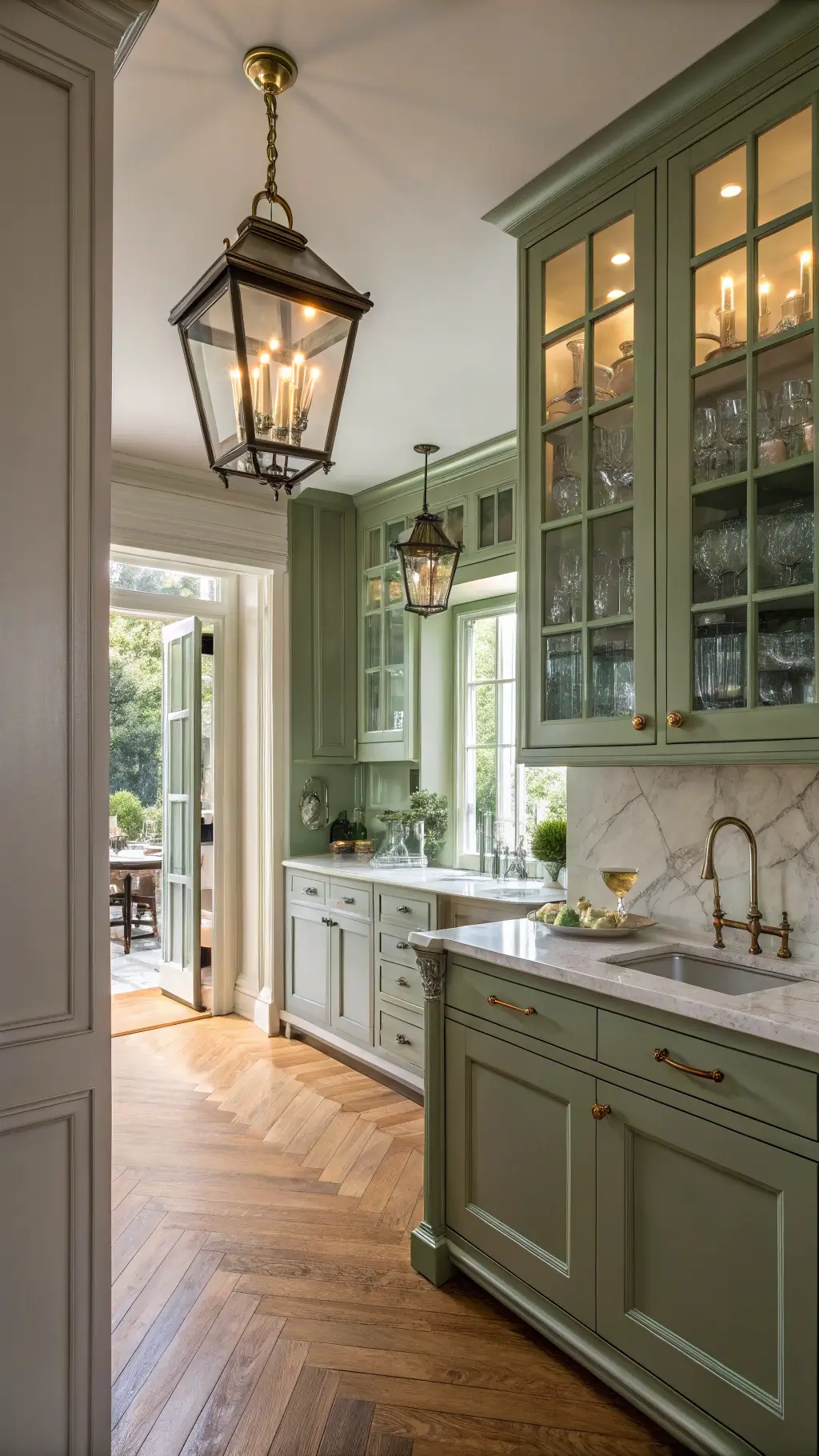 Traditional kitchen with sage green cabinets, Calacatta marble backsplash, antique brass lanterns, and herringbone wood flooring bathed in warm late afternoon light