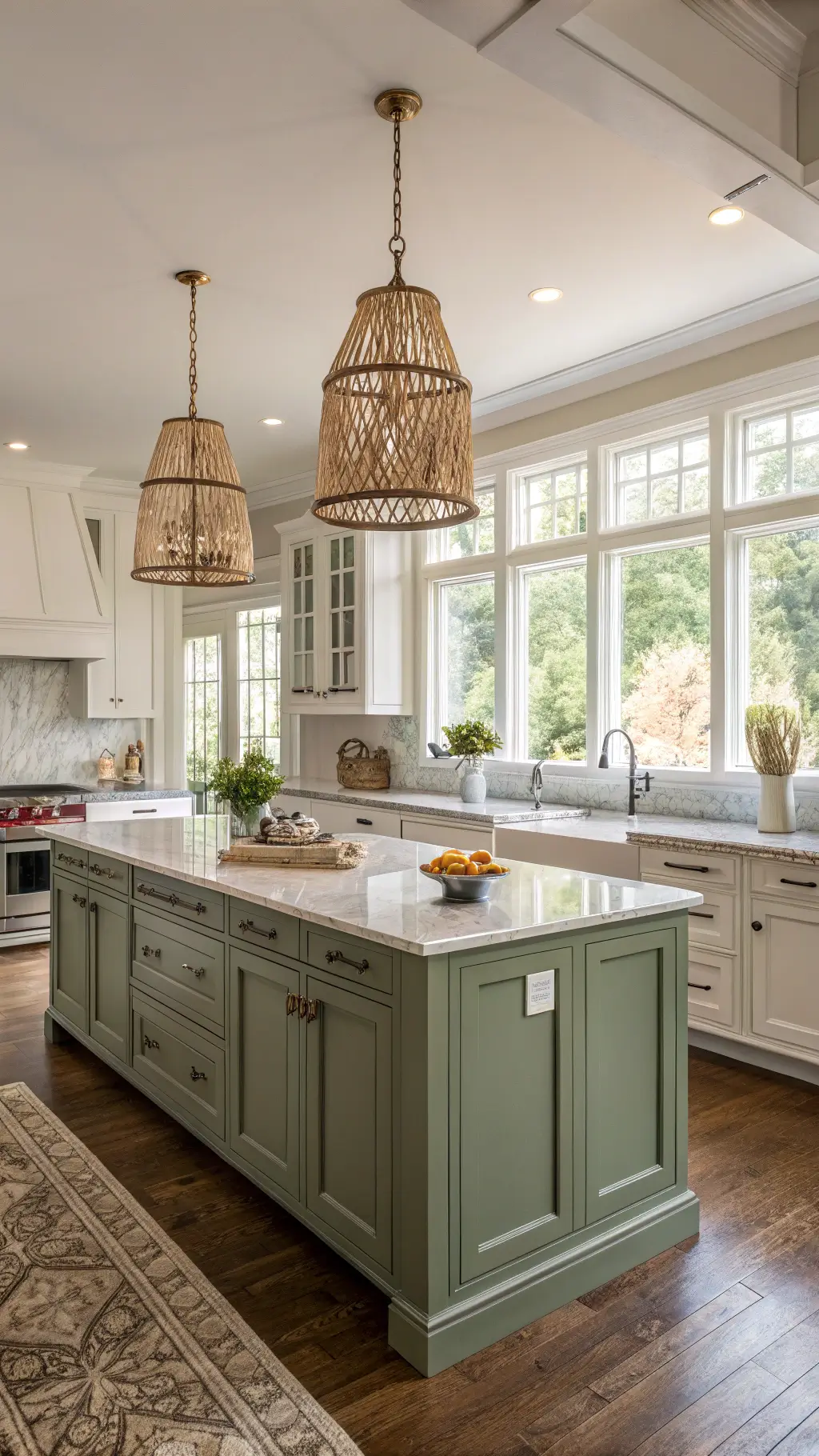 Cozy transitional kitchen featuring a sage green island, white cabinets, marble countertops, and mixed metal finishes under soft morning light