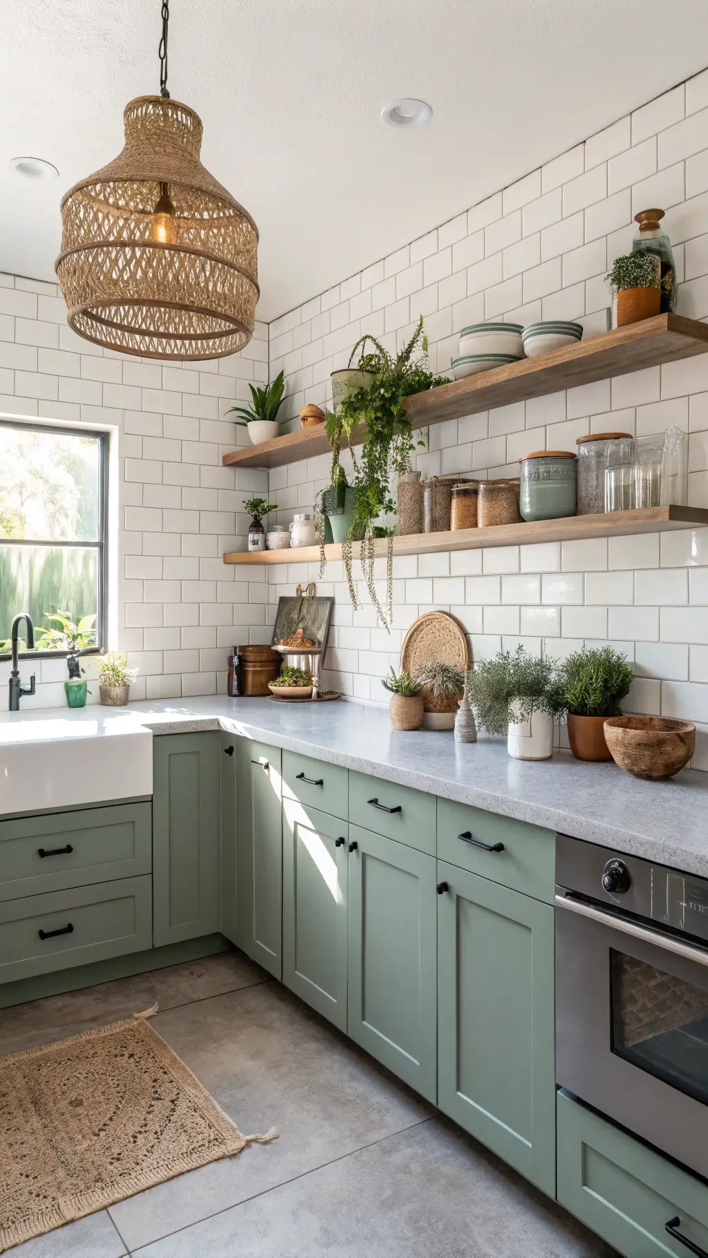 Modern bohemian kitchen with sage green cabinets, white subway tile walls, open shelving with pottery and plants, concrete countertops, and rattan pendant lighting