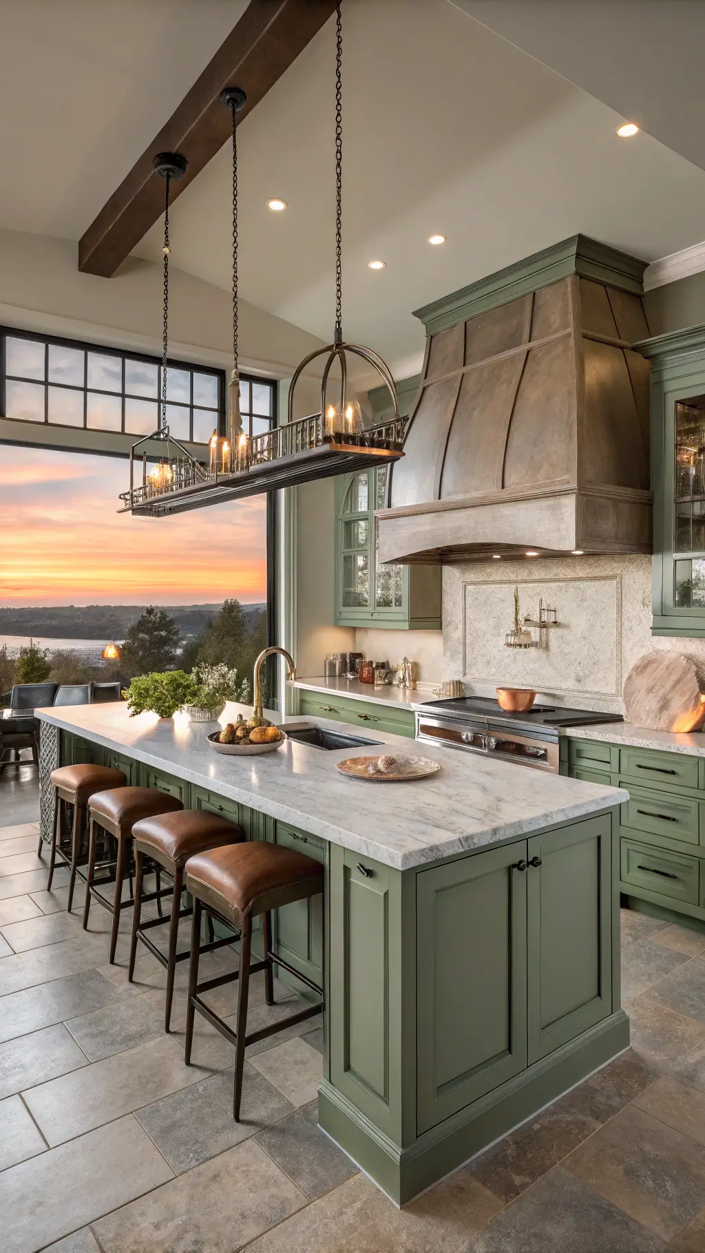 Professional-grade kitchen at sunset featuring sage green cabinets, a large island with prep sink, leather bar stools, polished nickel pot rack, copper cookware, and a dramatic marble hood