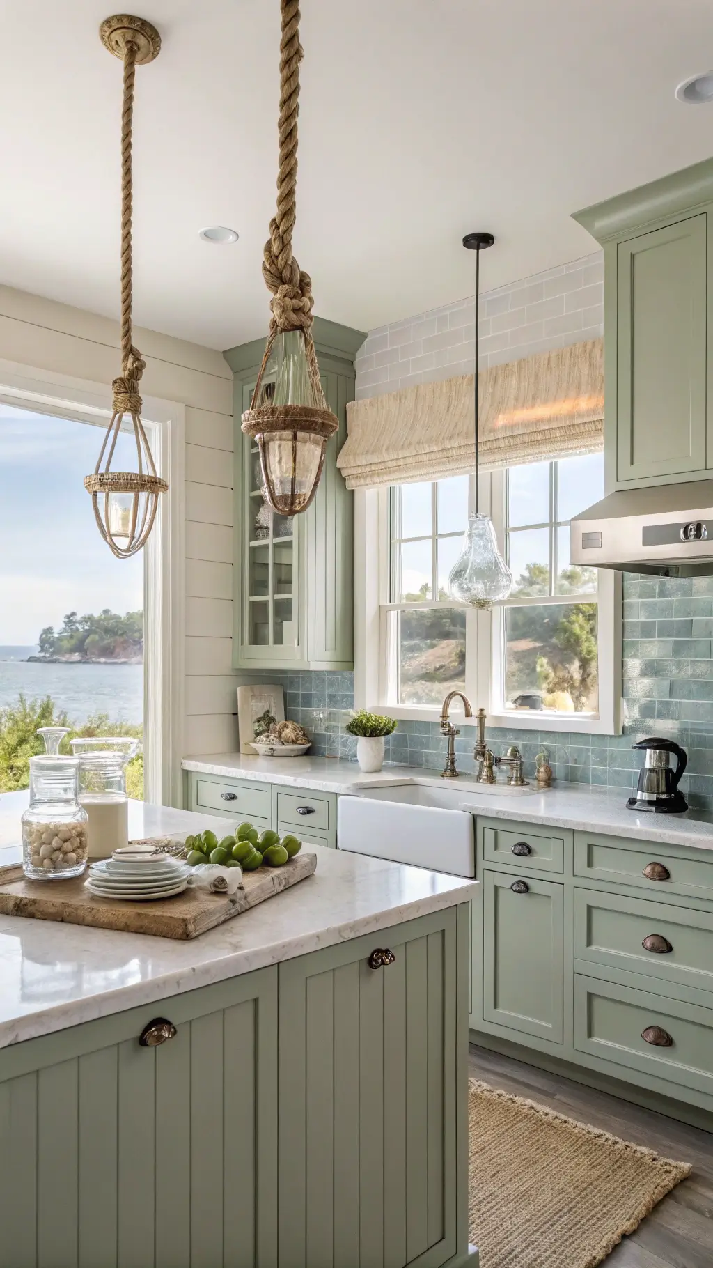 Coastal kitchen with sage green beadboard cabinets, quartz countertops, rope pendant lights, and blue-grey ceramic backsplash illuminated by morning sunlight