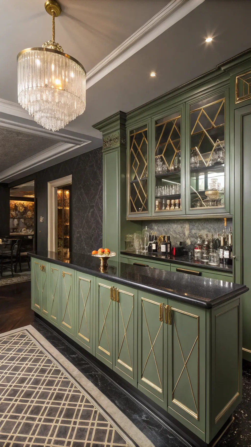 Art deco kitchen with sage green cabinetry, black marble countertops, crystal chandelier, and metallic wallpaper under moody cocktail hour lighting