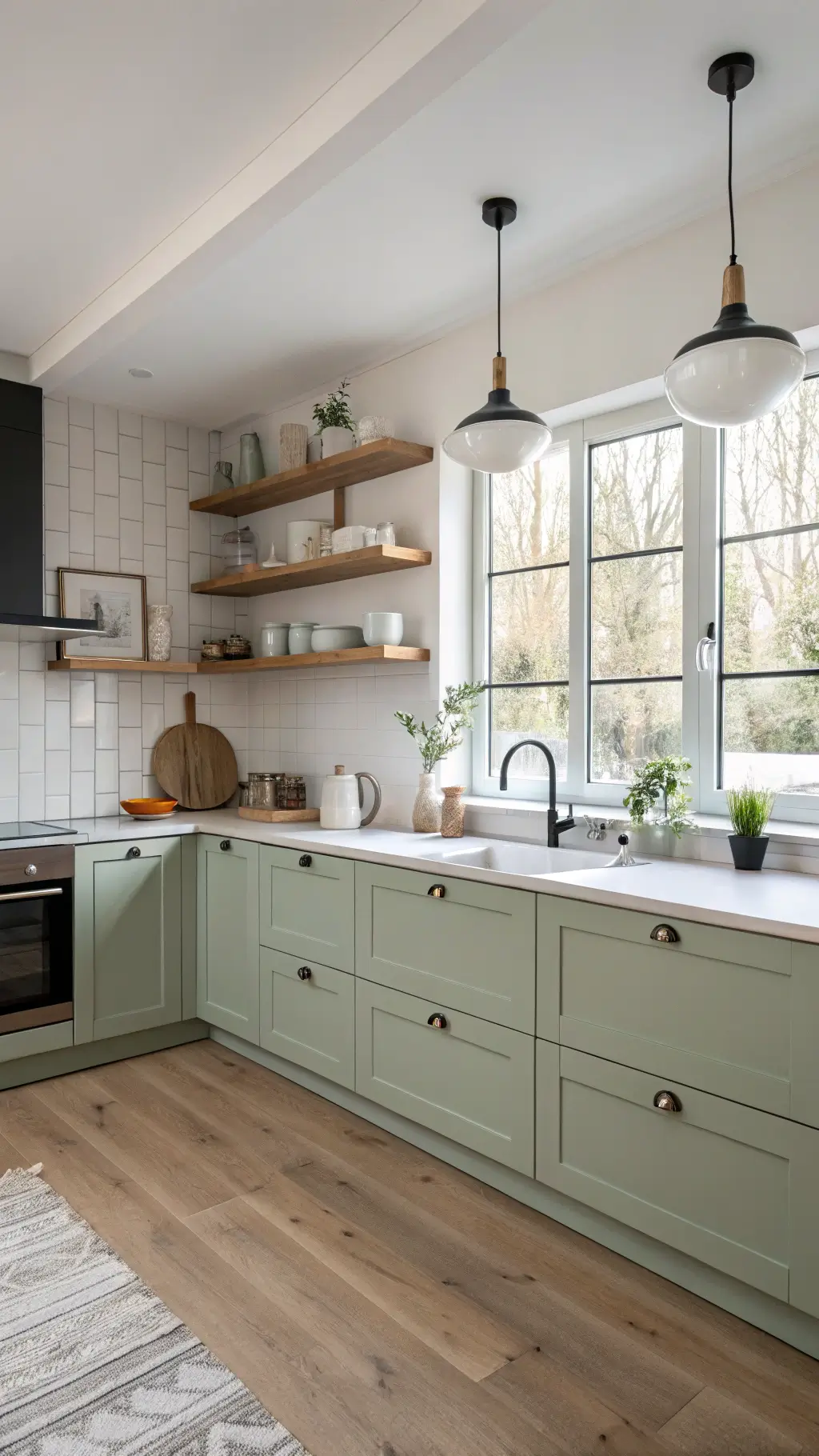 Scandinavian kitchen at dawn with sage green cabinets, pale wood open shelving, concrete pendant lights, and light oak flooring