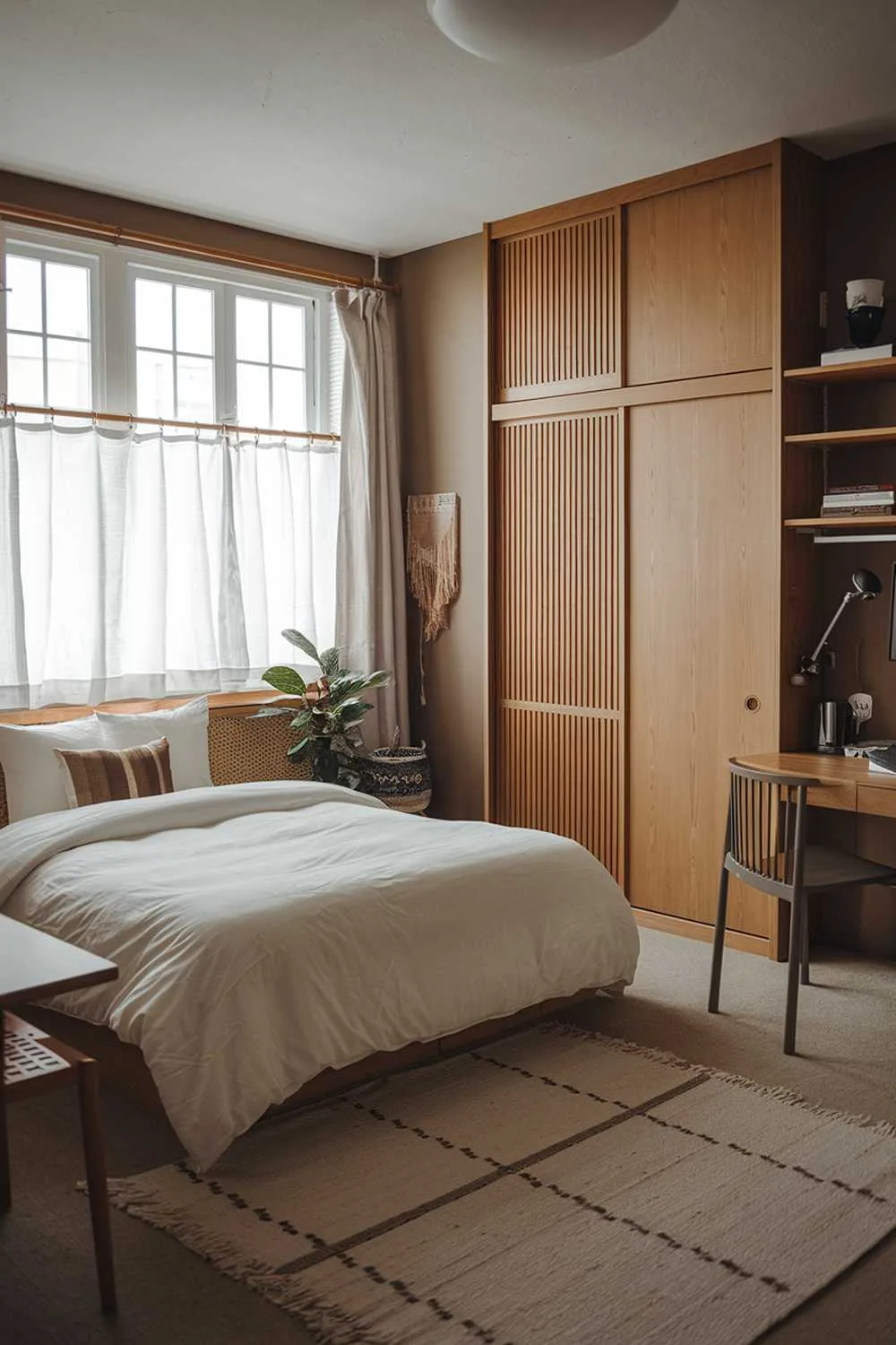 Minimalist Japandi bedroom with queen bed, sliding wooden wardrobe doors, beige rug, and large windows with white curtains.