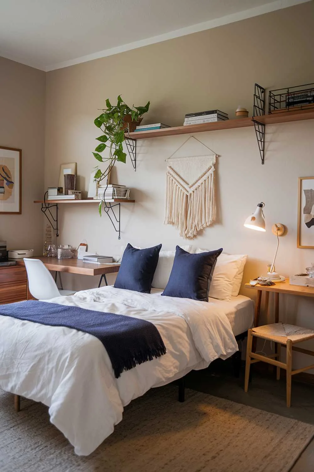 Japandi bedroom with white bedding, navy throw pillows, wooden shelf with books and plant, beige walls and rug.