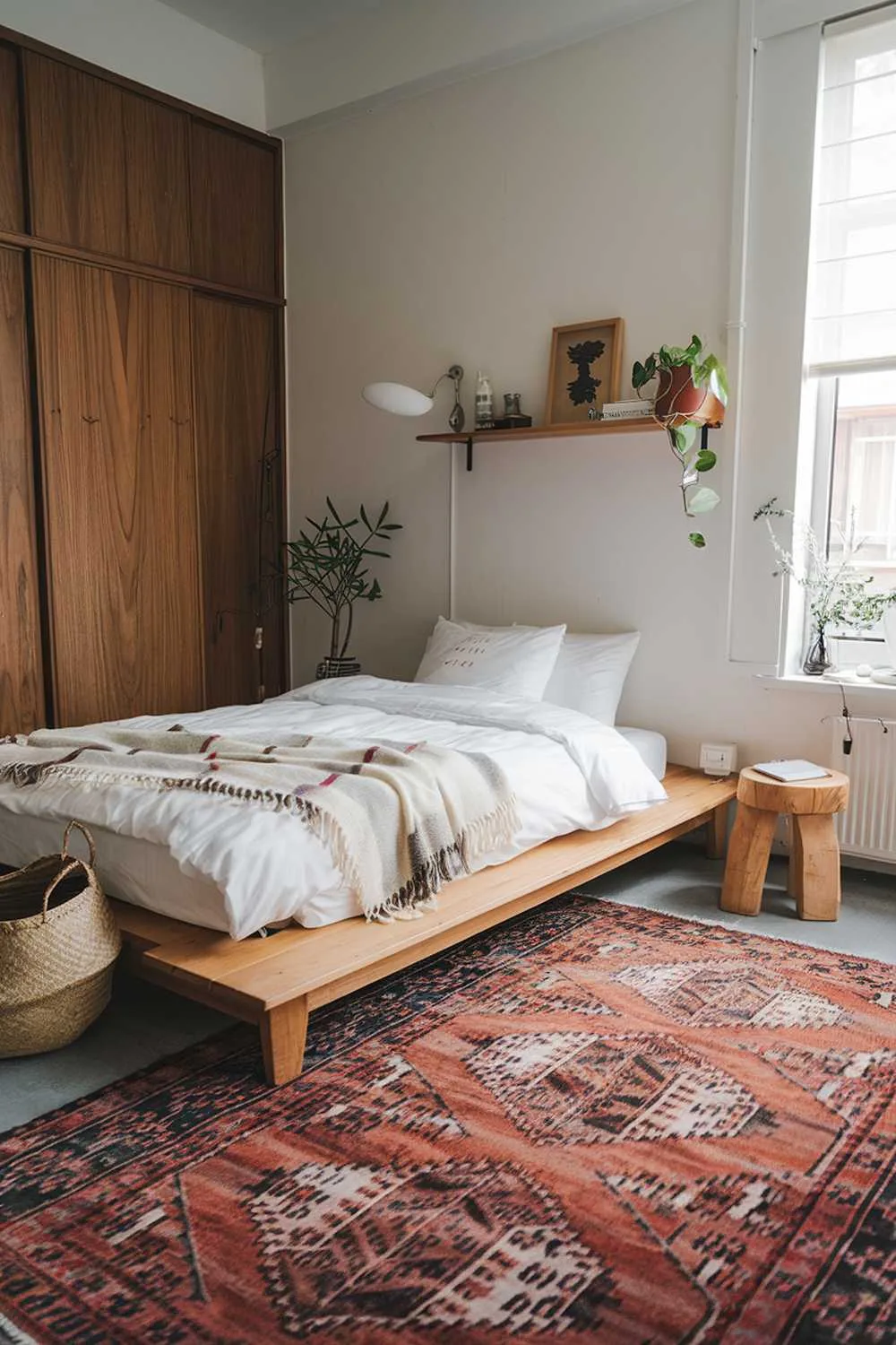 Japandi bedroom with low wooden bed, white bedding, patterned throw, woven basket, wooden stool, and large rug.