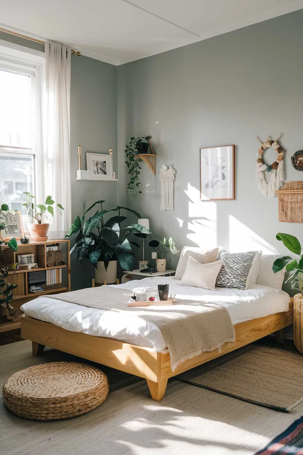 Japandi bedroom with wooden platform bed, woven rug, plants, and soft gray walls.