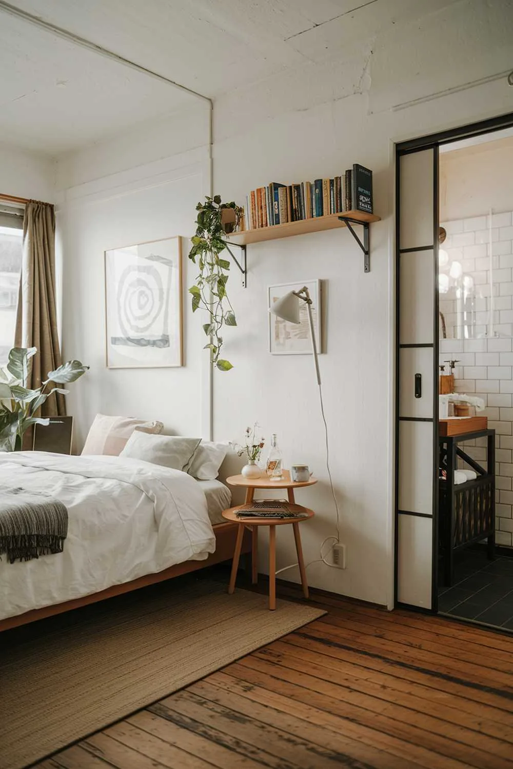 Japandi bedroom with queen bed, bedside table, floor lamp, wall-mounted shelf with books and plant, wooden flooring, and sliding door.