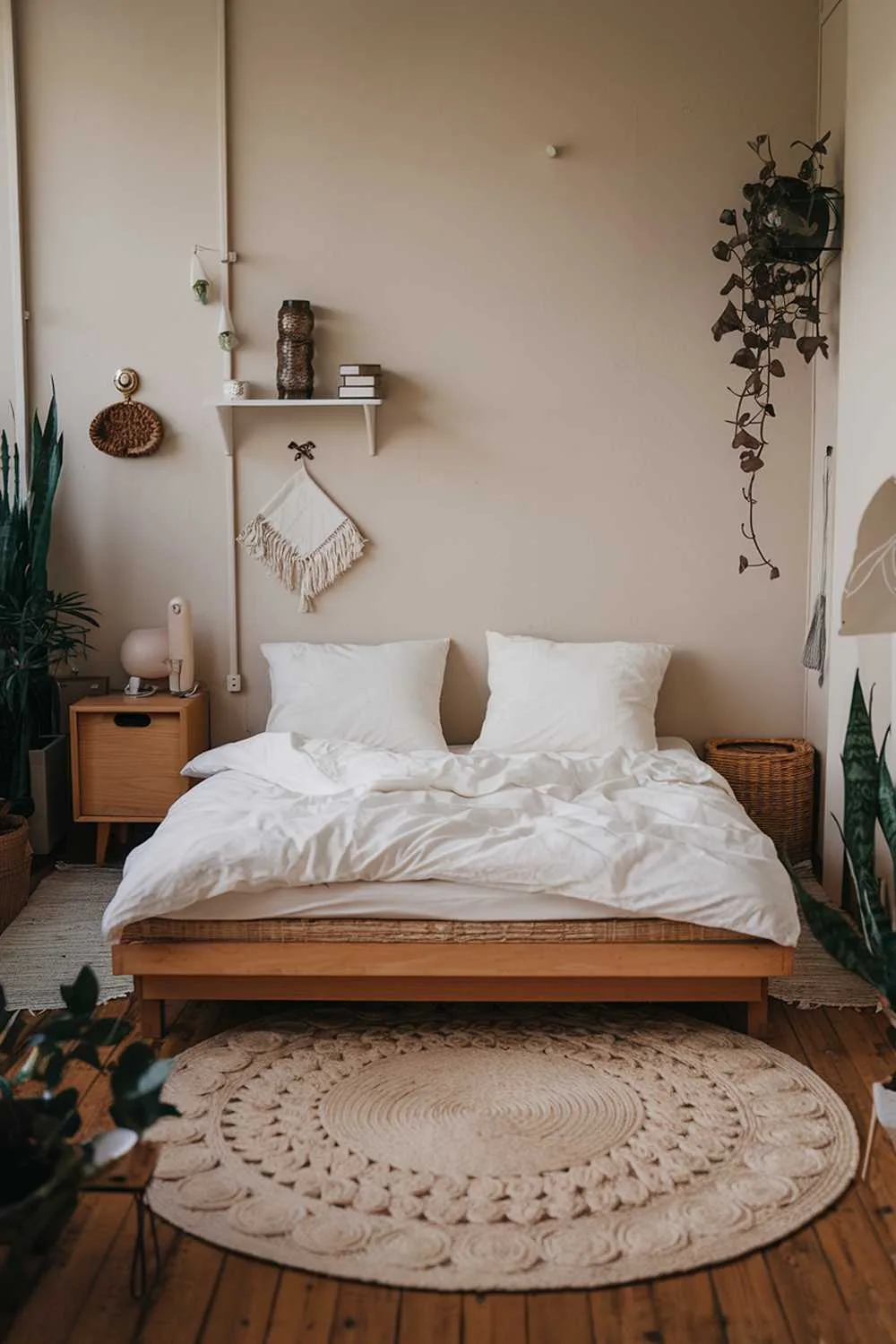 Japandi bedroom with wooden floor, platform bed, large round white rug, wooden nightstand with wicker basket, plants, and beige walls.