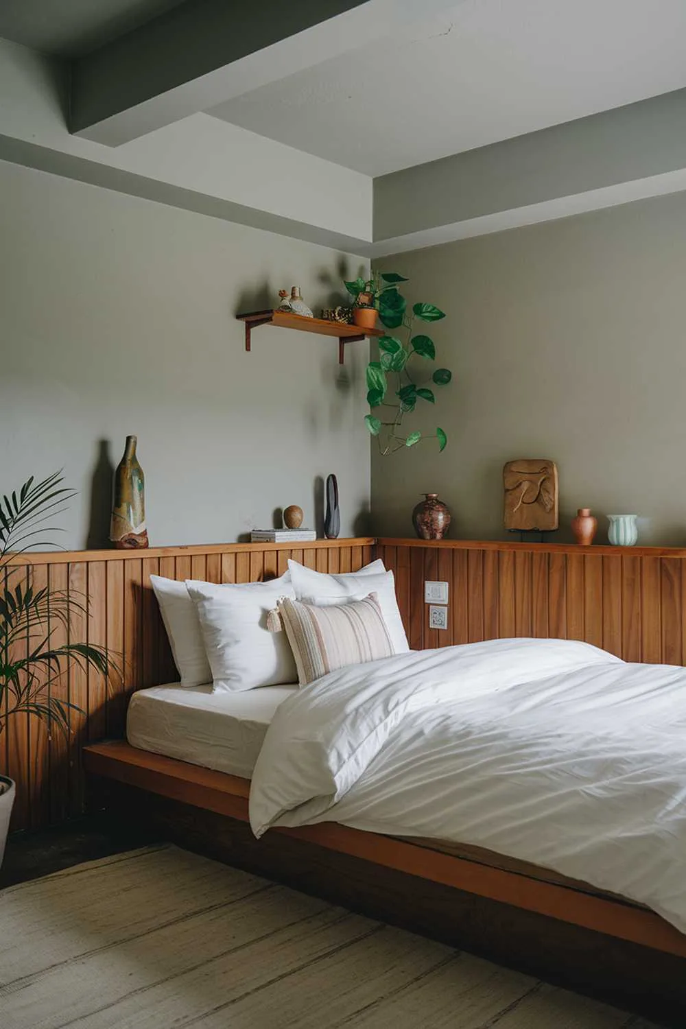 Japandi bedroom with low ceiling, wooden platform bed, wooden wall panels, small shelves, potted plant, ceramic vase, wooden sculpture, and beige rug.