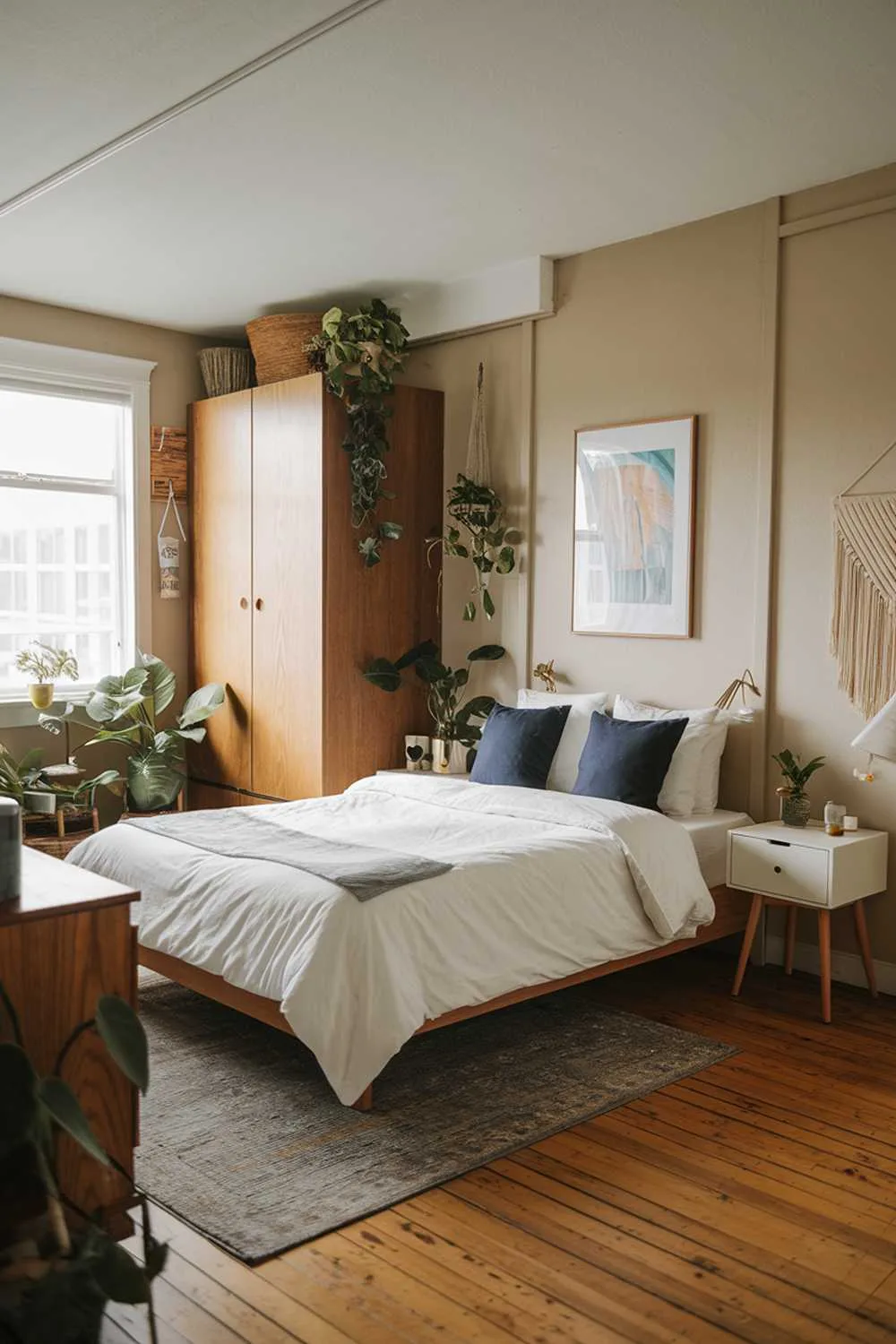 Japandi bedroom with wooden floor, queen bed with white duvet and navy pillows, white nightstand, wooden cabinet, beige walls, artwork, and plants.