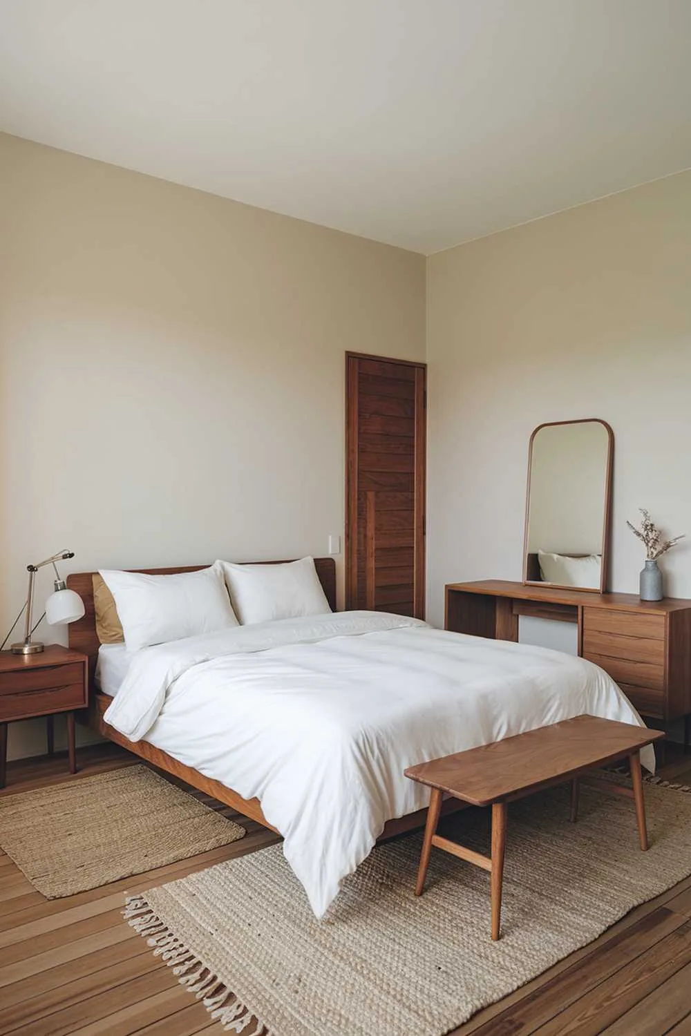 Japandi bedroom with wooden floor, queen bed with white duvet, wooden nightstand with lamp, wooden dresser with mirror, woven rug, and beige walls.
