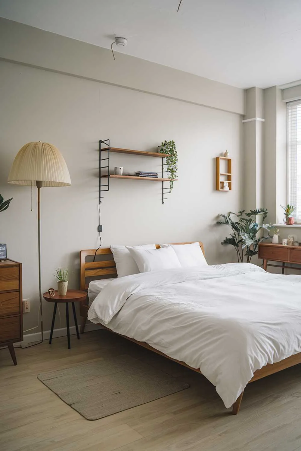Japandi bedroom with king-size bed, white duvet, brown wooden frame, floor lamp with beige shade, light gray walls, wooden shelf, side table, dresser, and potted plant.