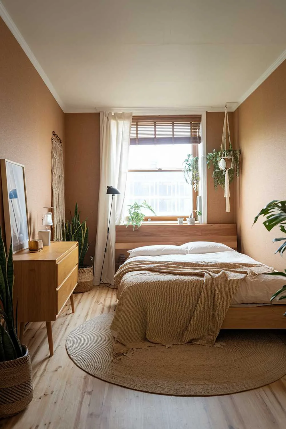 Japandi bedroom with queen bed, woven blanket, wooden headboard, wooden dresser, beige walls, light wood floor, round rug, plants, floor lamp, white curtain, and wooden shade.