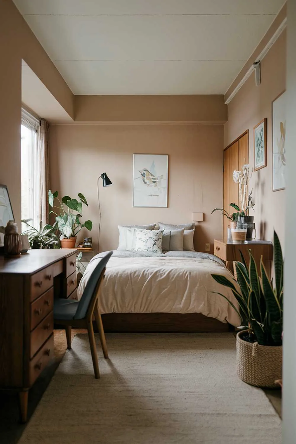 Japandi bedroom with low ceiling, queen bed, wooden dresser, desk, chair, beige walls, beige rug, potted plants, and soft lighting.
