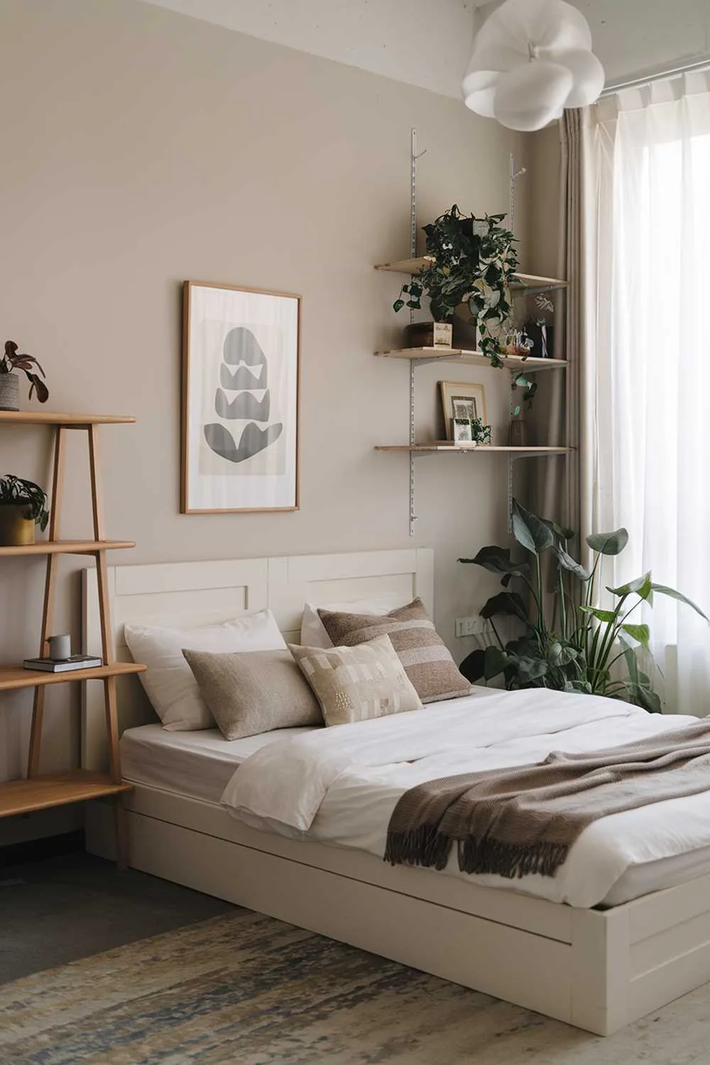 Japandi bedroom with white platform bed, wooden storage shelf, minimalist decor, plants, and soft-colored walls.