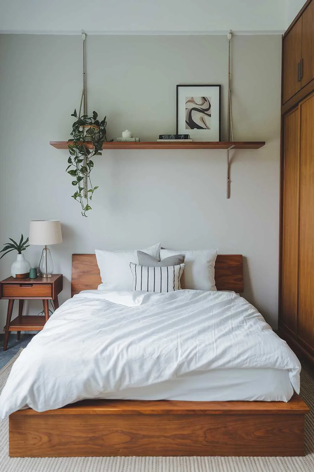 Japandi bedroom with wooden platform bed, white duvet, wooden shelf with decor, wooden nightstand with lamp and plant, wooden cabinet, light grey walls, and beige rug.
