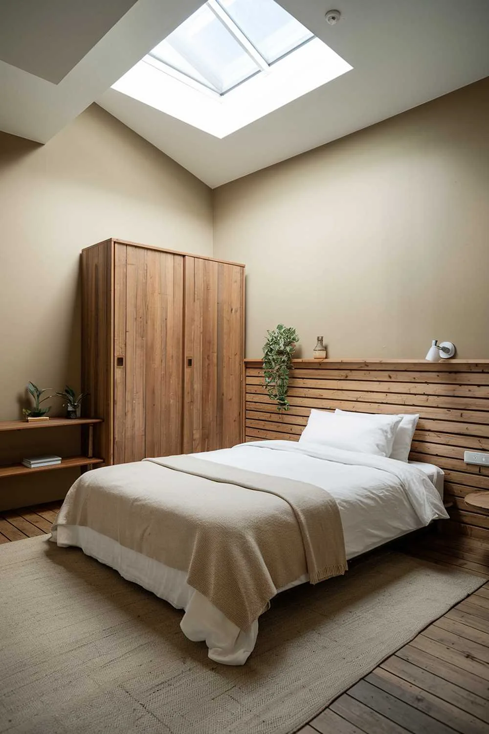 Japandi bedroom with high ceiling, skylight, queen bed with white linen and beige blanket, wooden plank headboard, beige rug, wooden wardrobe and shelf, small plant, beige walls, and wooden floor.