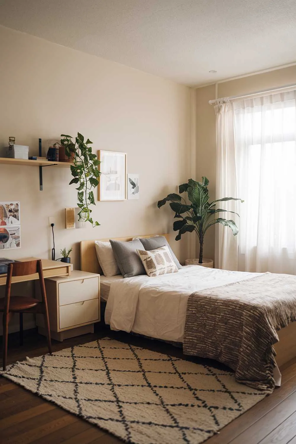 Japandi apartment bedroom with queen bed, nightstand, desk near window, shelf with potted plant, wooden floor, soft-colored walls, and rug.