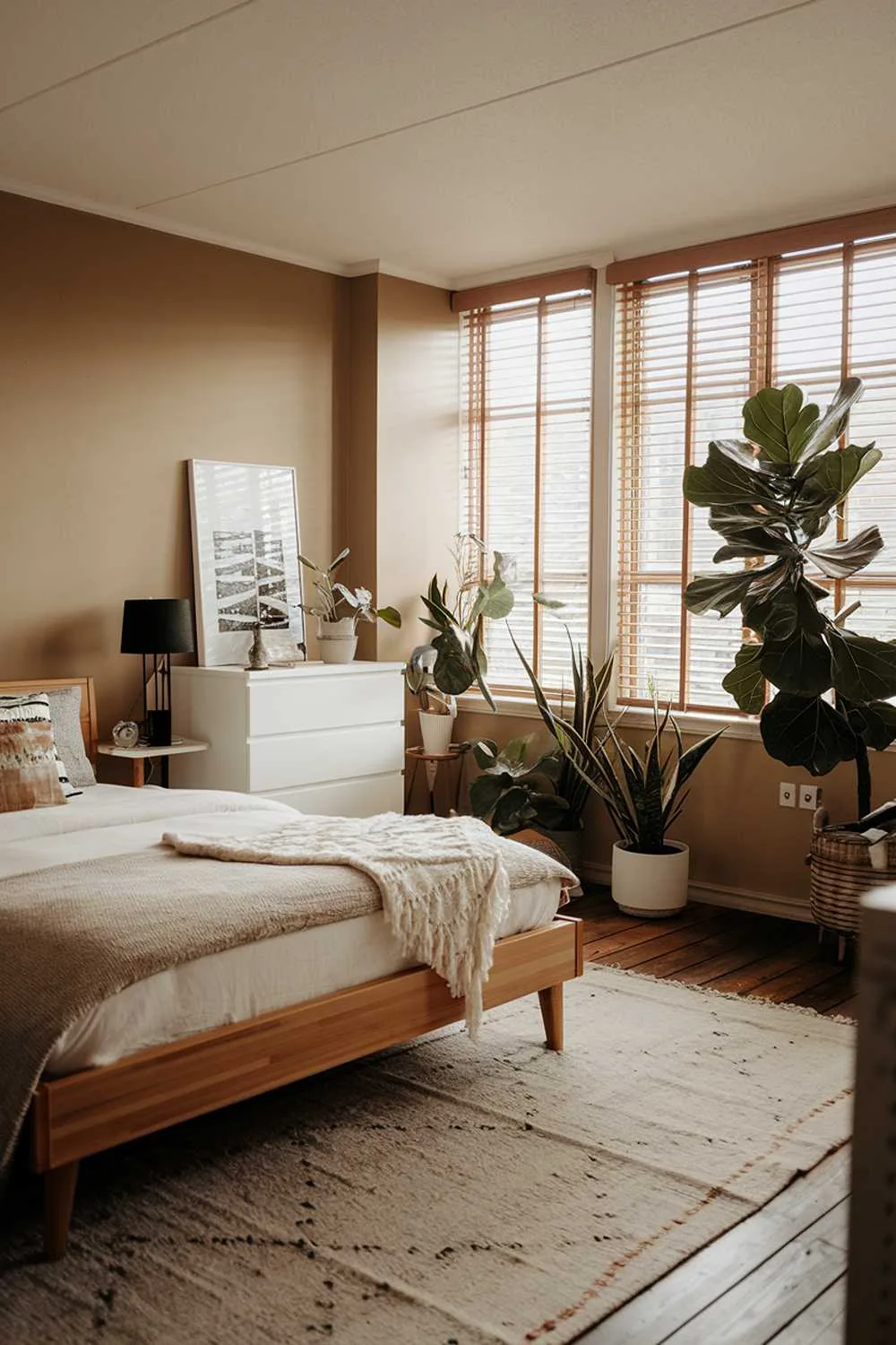 Japandi bedroom with wooden floor, oak bed frame, white dresser, beige rug, black lampshade, beige walls, large fiddle-leaf fig tree, and wooden blinds.