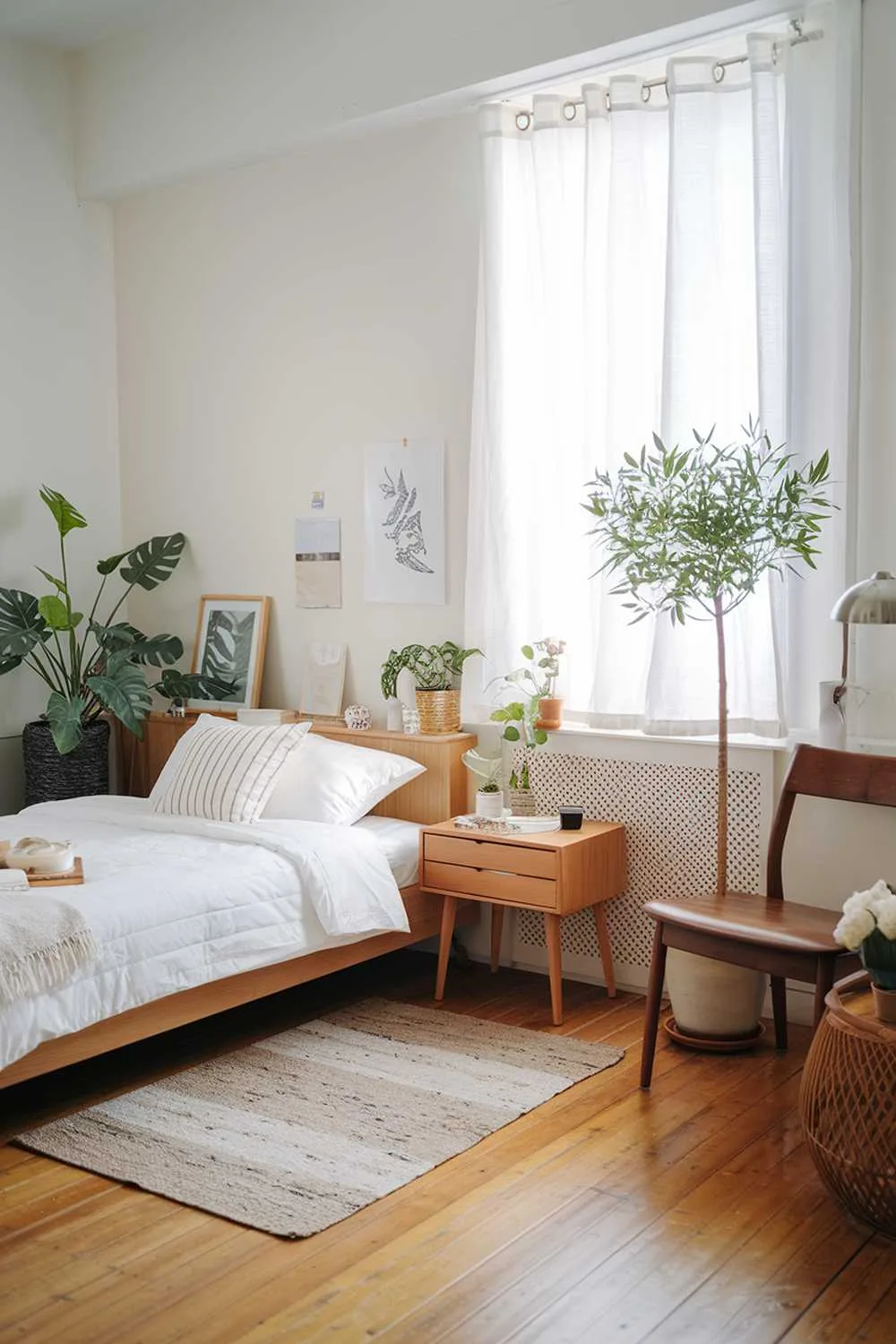 Japandi bedroom with wooden floor, white walls, bed with white duvet and pillows, wooden nightstand, wooden chair, plants, white curtain, lamp, picture frame, and woven basket.