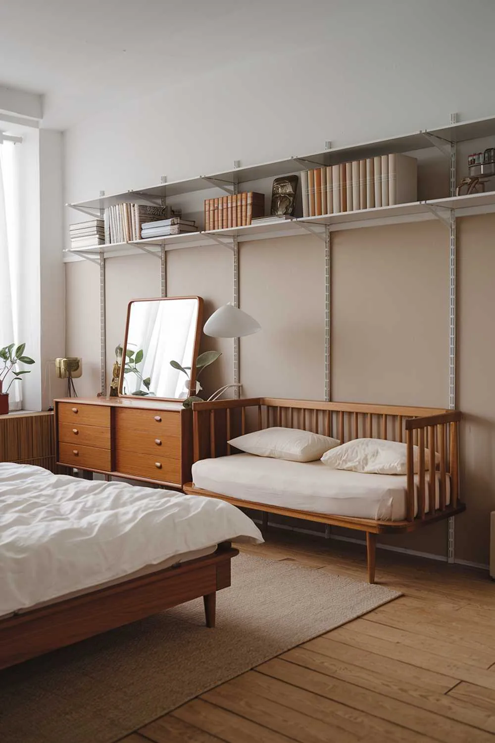 Japandi bedroom with wooden floor, white and beige walls, wooden bed with white duvet and beige pillows, wooden dresser with mirror and lamp, beige rug, white bookshelf, and small plant.