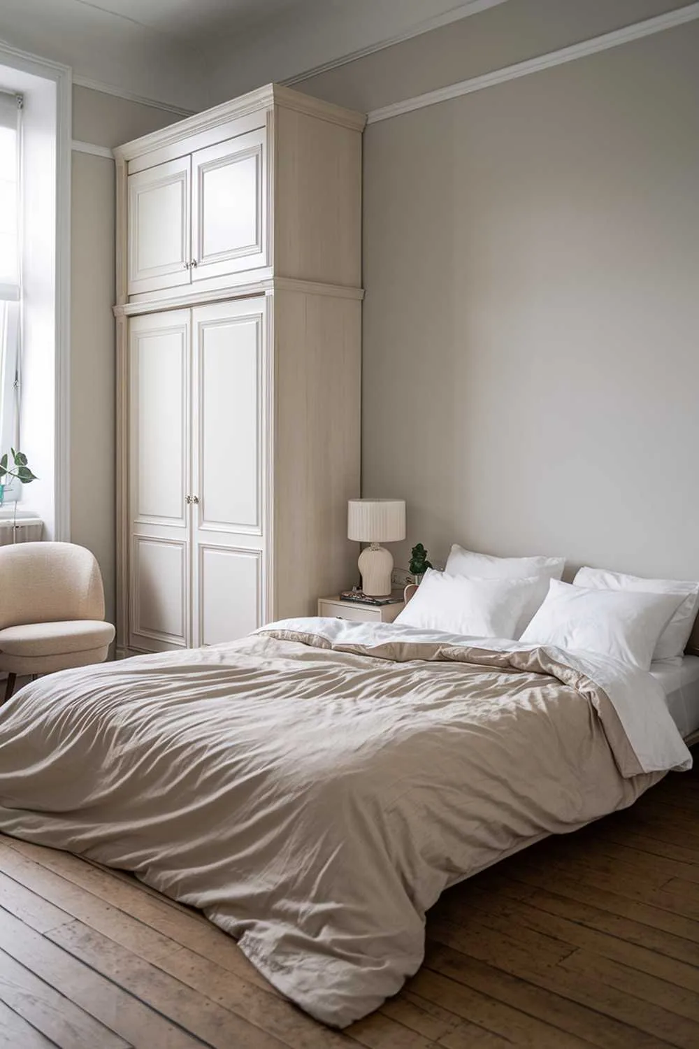 Japandi bedroom with queen bed, beige duvet, white wardrobes, beige chair, oak wood floors, small plant, and white lampshade.