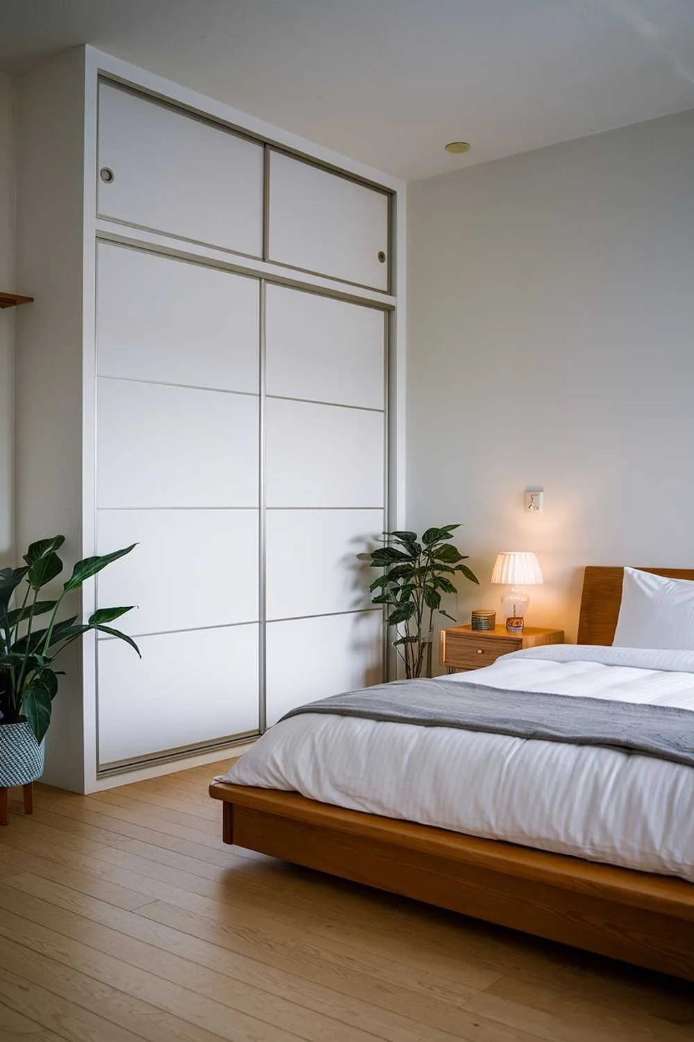 Japandi bedroom with wooden platform bed, white sheets, gray blanket, wooden nightstand with lamp, white wardrobe with sliding doors, white walls, light wood flooring, and potted plants.