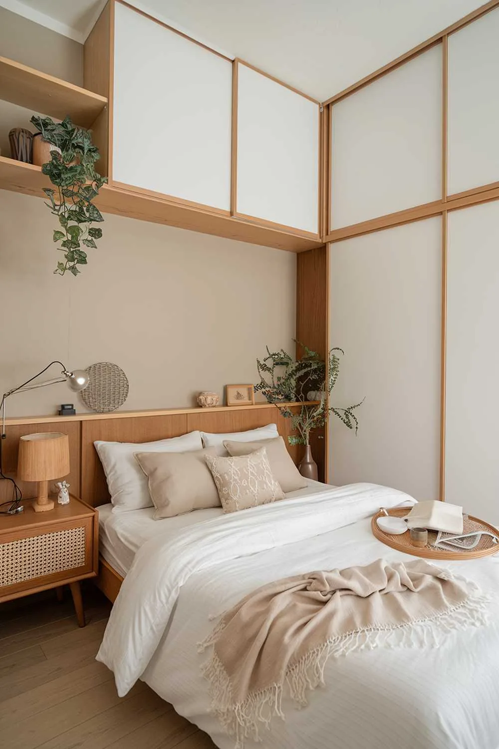 Japandi bedroom with wooden elements, Scandinavian furniture, queen bed with white duvet and beige pillows, wooden nightstand with lamp, beige walls, white wardrobe with sliding doors, wooden shelf above bed, light wood flooring, and potted plants.