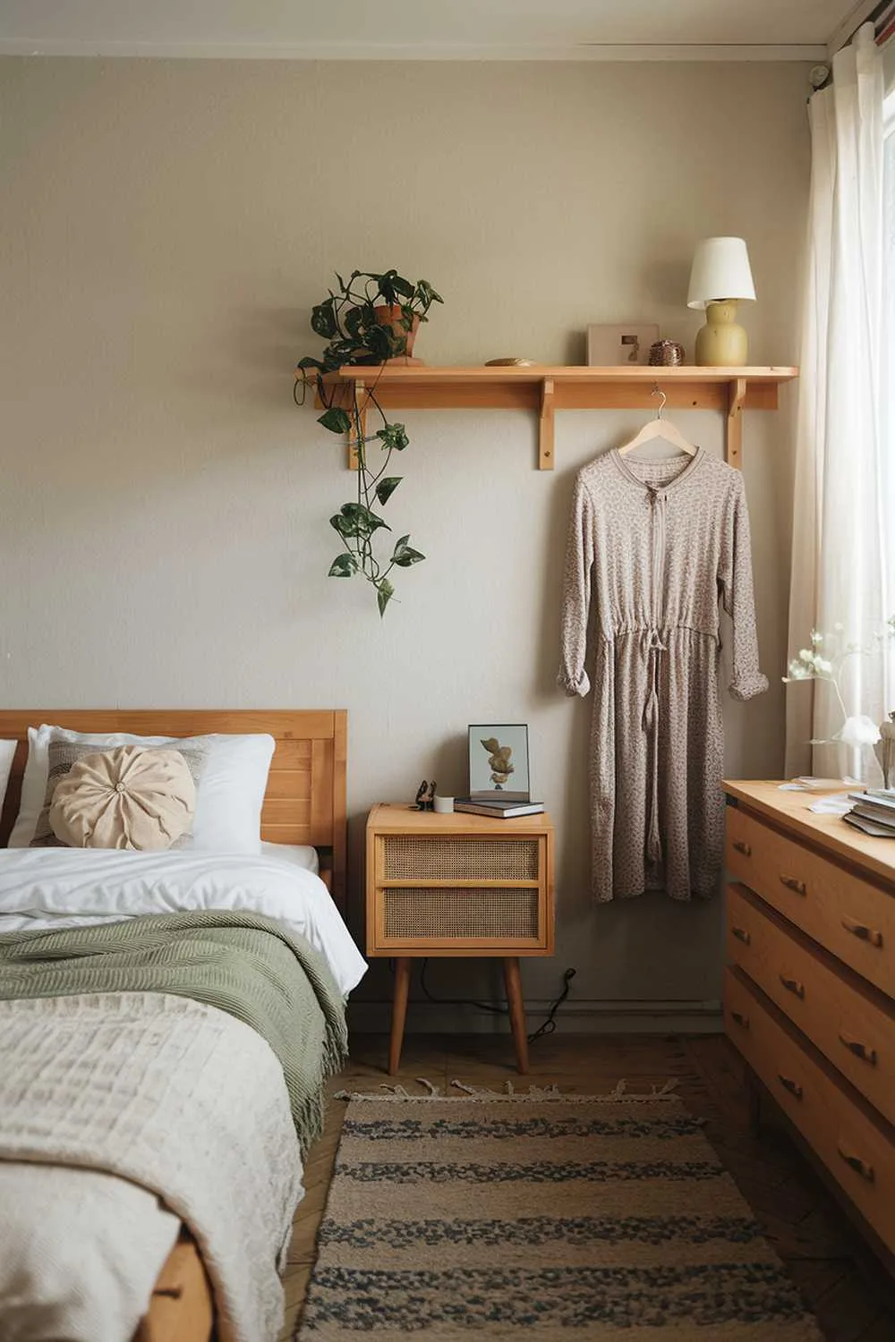 Japandi bedroom with queen bed, bedside table, dresser, rug, wall shelf with plant and lamp, wooden elements, and calming beige, light gray, and green color palette.
