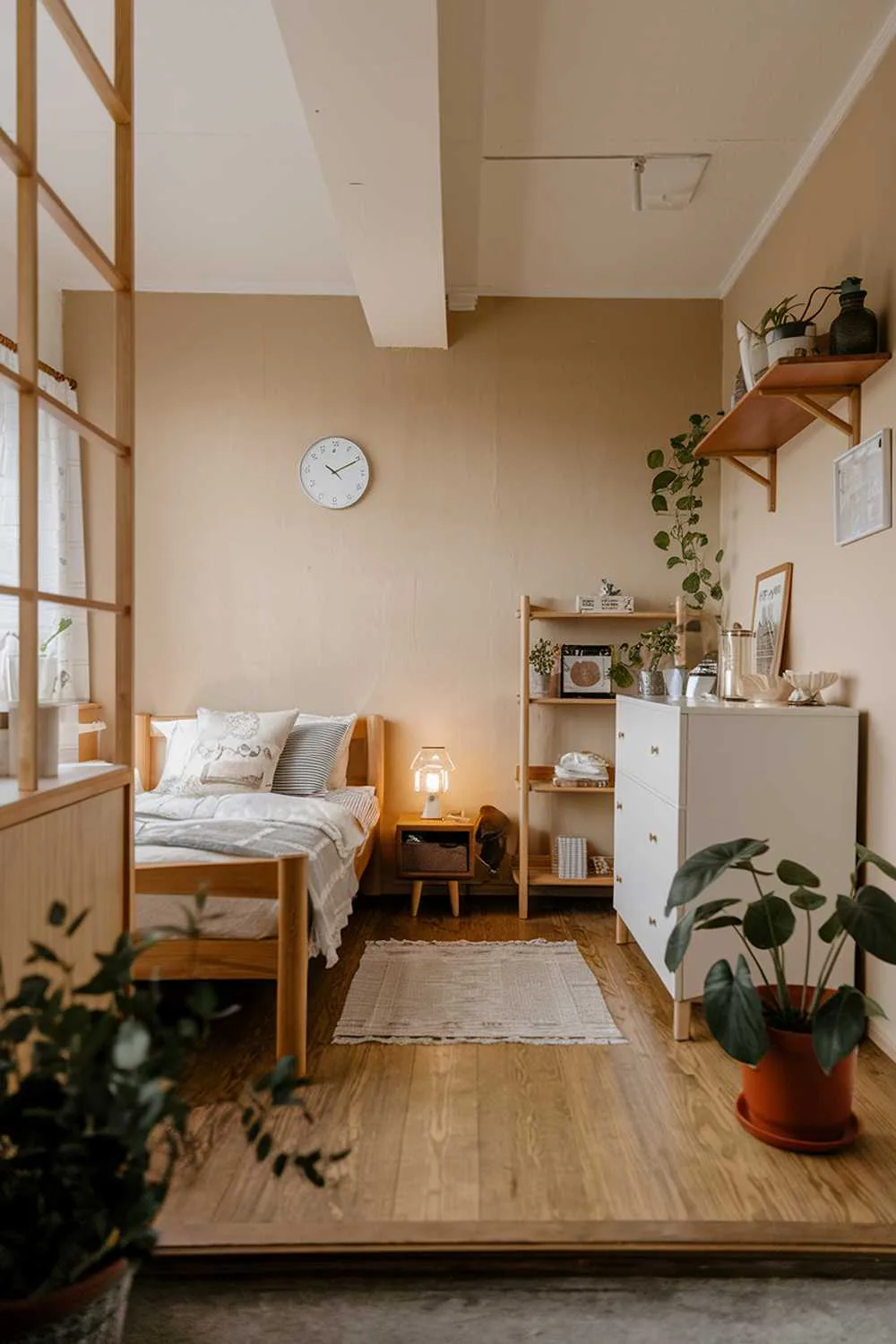 Japandi bedroom with wooden floor, wooden bed, white dresser, wooden shelf, small area rug, beige walls, potted plant, lamp on nightstand, and wall clock.