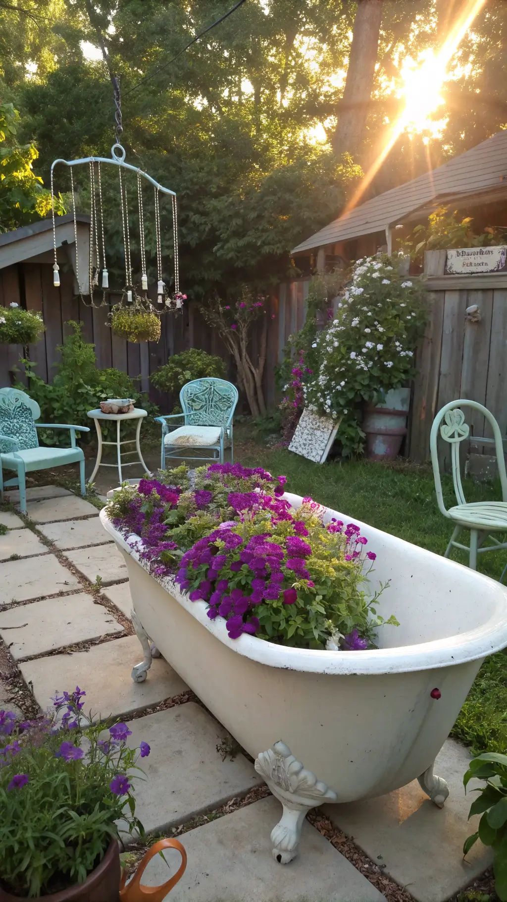Morning sunlight illuminating a secret garden with a vintage bathtub flower bed filled with purple petunias and white alyssum, surrounded by pastel chairs and metallic wind chimes