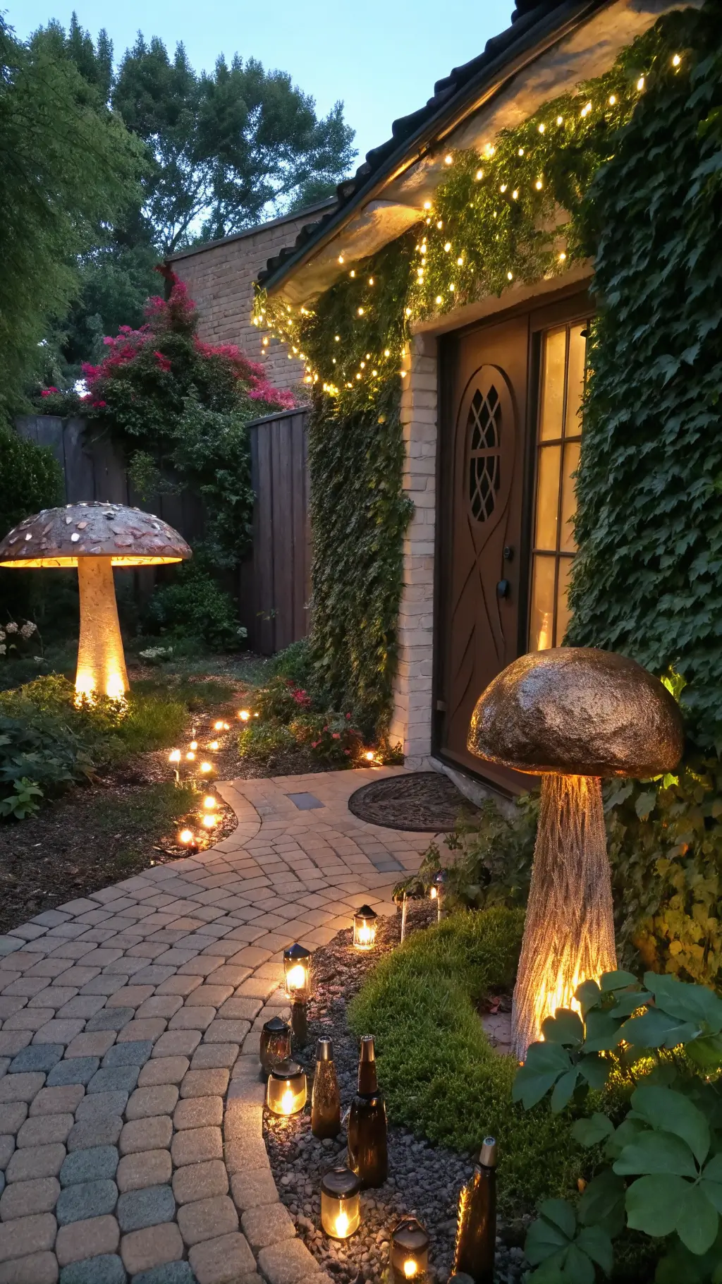 Dusk garden scene with glowing pathway, oversized recycled metal and glass mushroom sculptures, ivy-covered wall, child-sized door, and twinkling fairy lights