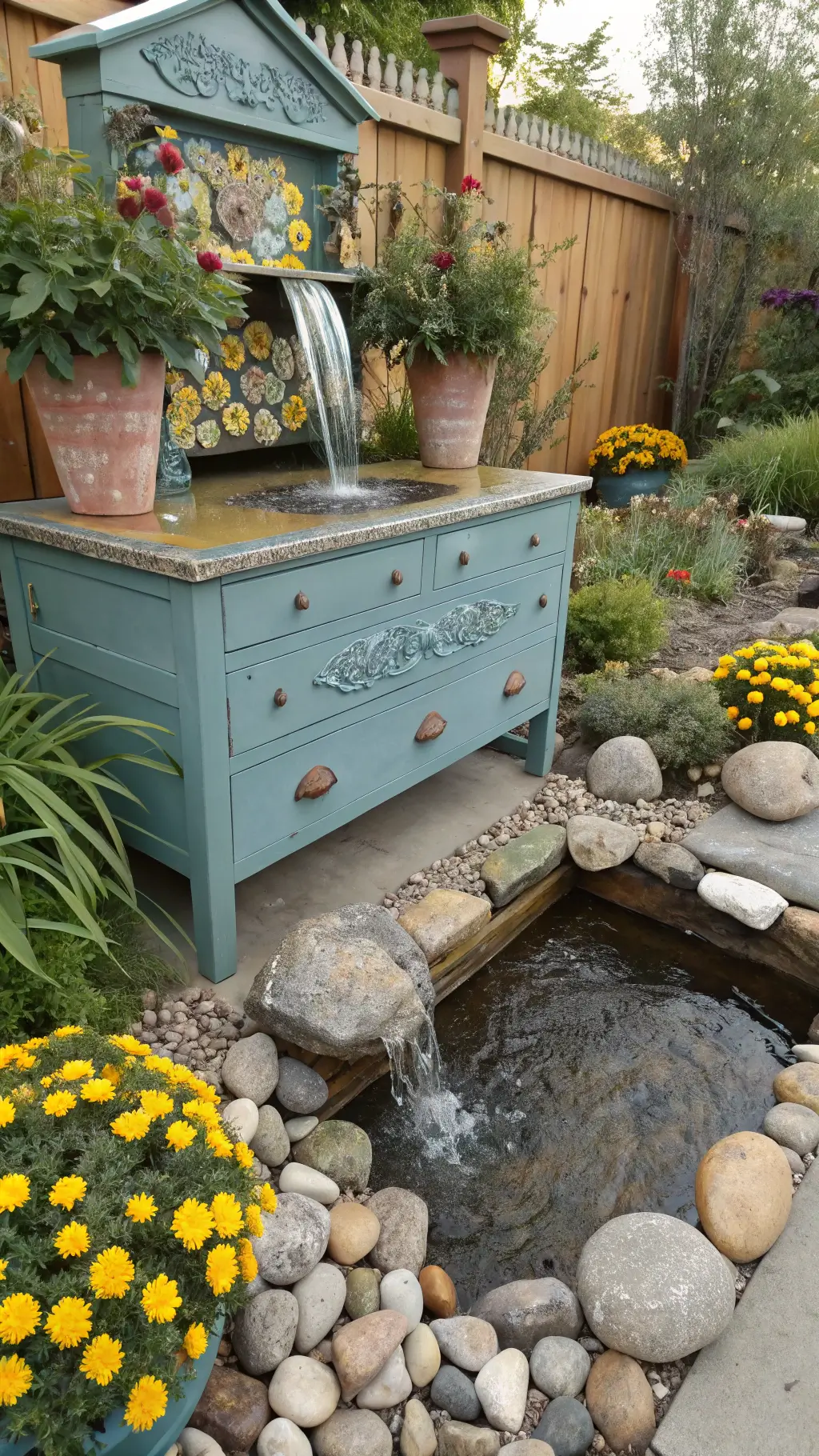 Whimsical garden room featuring a vintage dresser waterfall and clusters of painted ceramic flowers under soft lighting
