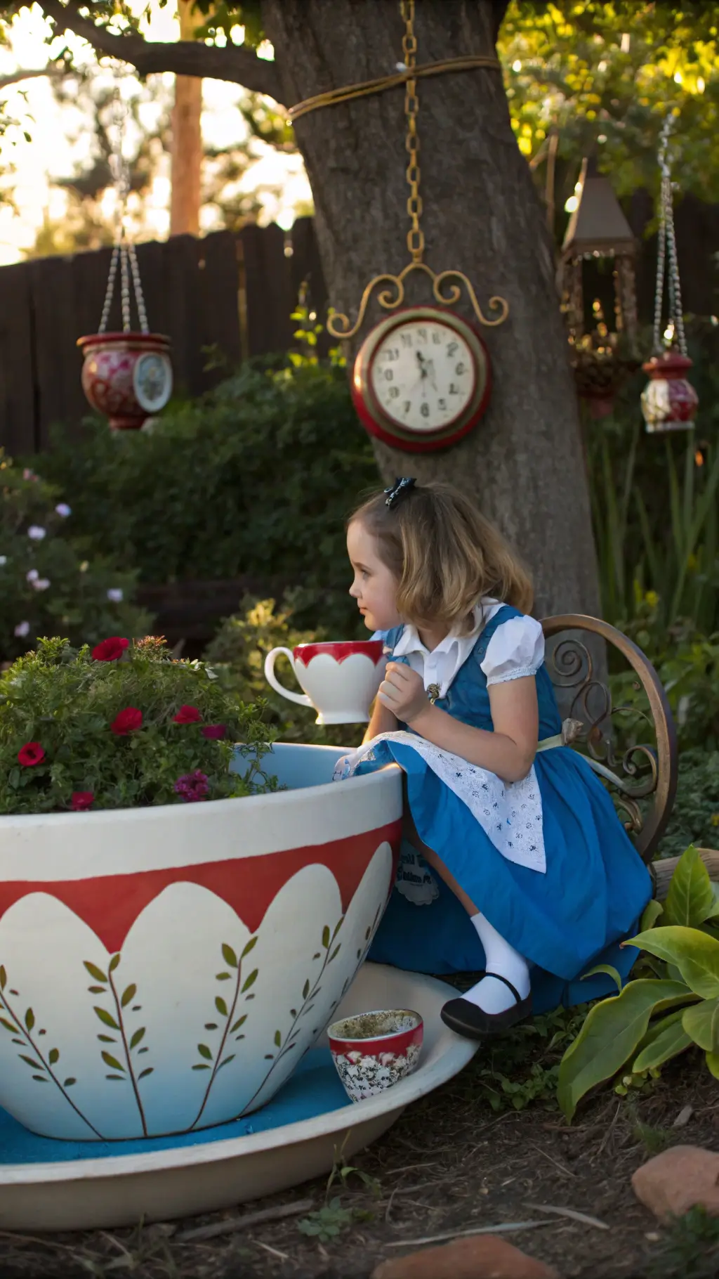 Alice in Wonderland-inspired whimsical garden with oversized teacup planters, flowering herbs, colorful mixed-scale furniture, and pocket watch bird feeders