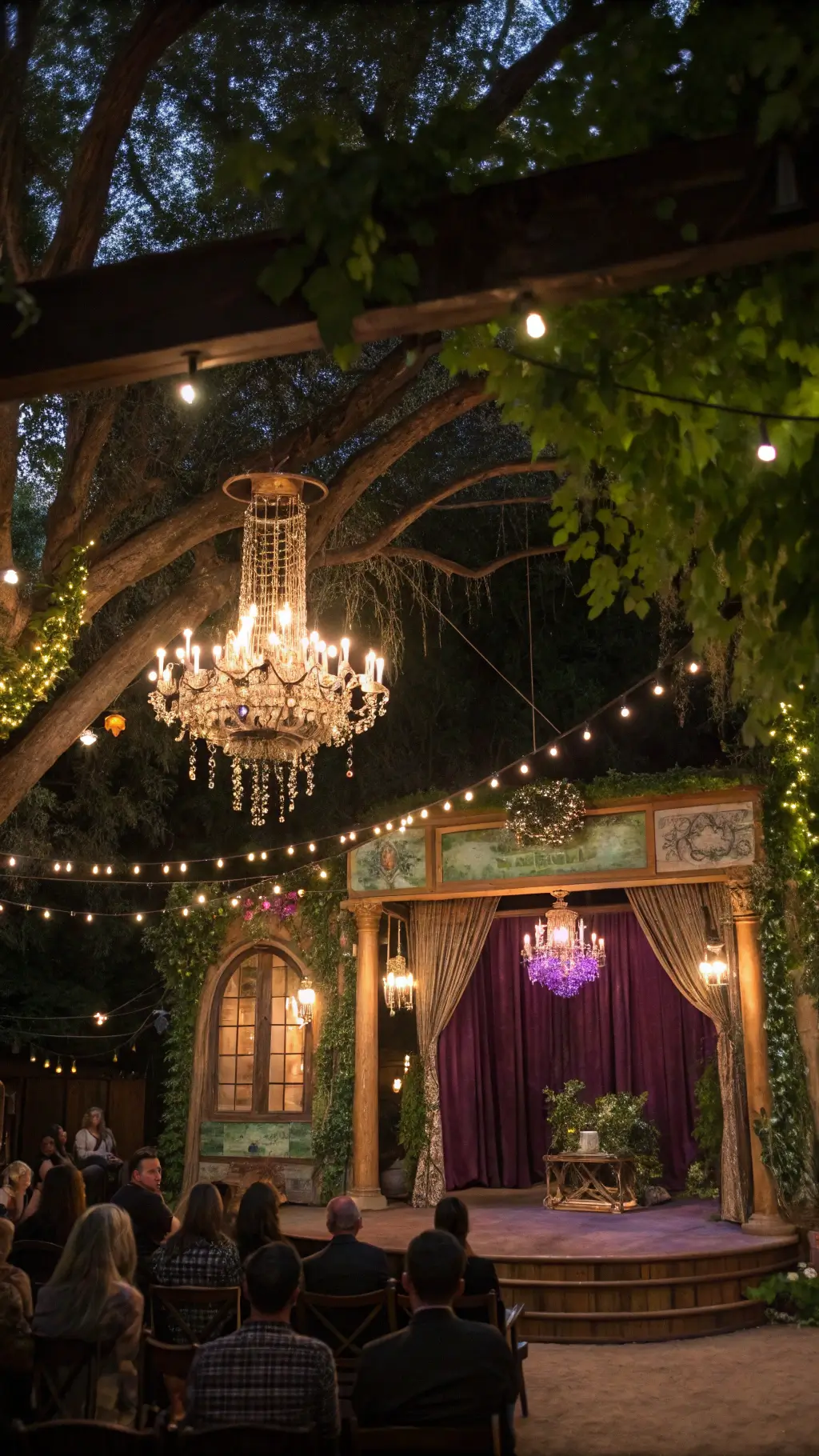 Enchanted garden theater at golden hour with vintage window frames, trailing plants, prism crystals, and fairy light curtains