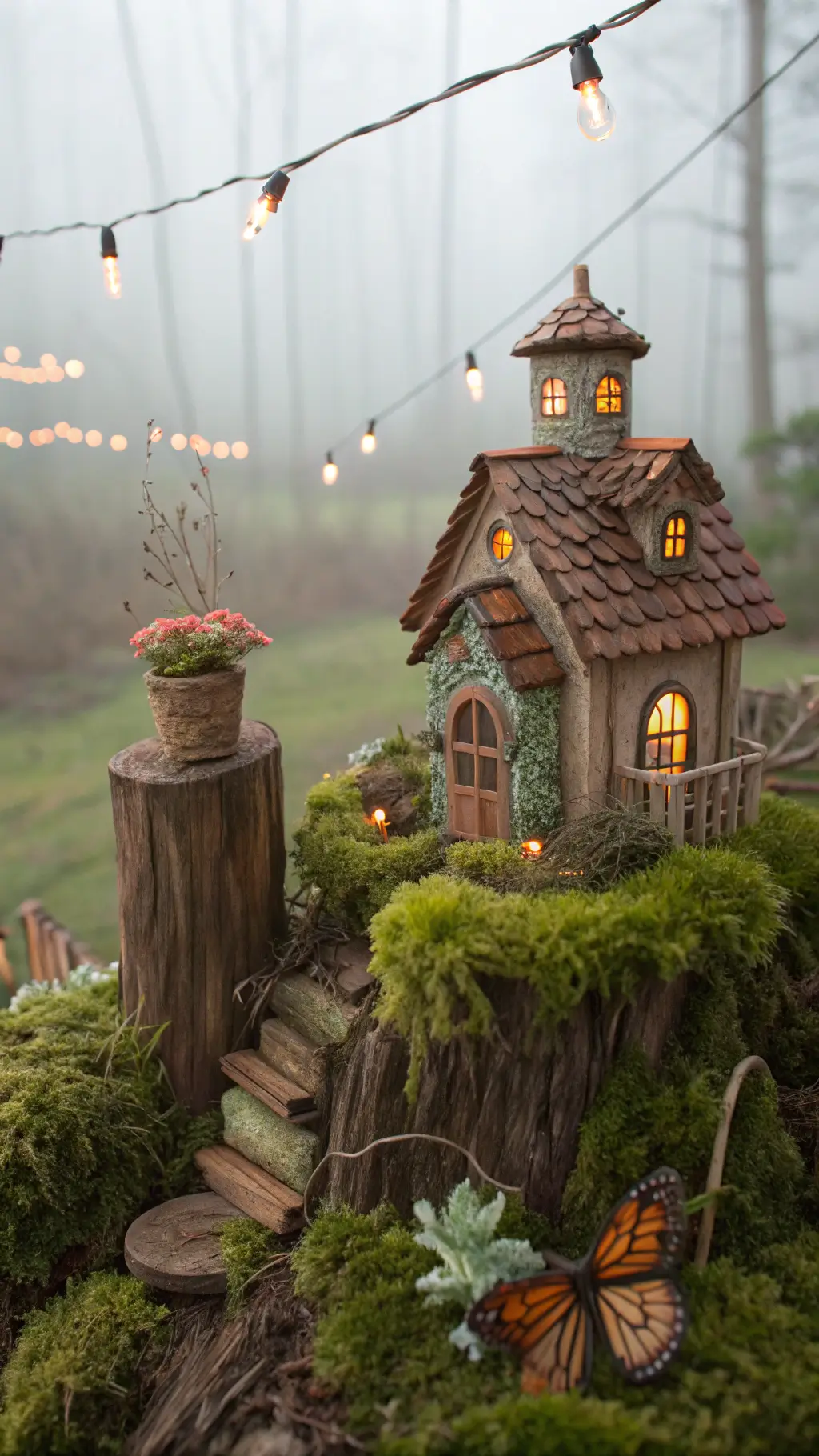 Sunrise over a fairy garden sanctuary with miniature village on mossy stumps, solar lanterns, butterfly sculptures, and morning mist