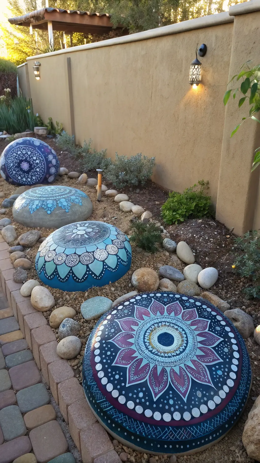 Meditation garden corner at dawn with hand-painted mandala stones, metallic pinwheels, crystal sun catchers, and mirror mosaic spheres reflecting light