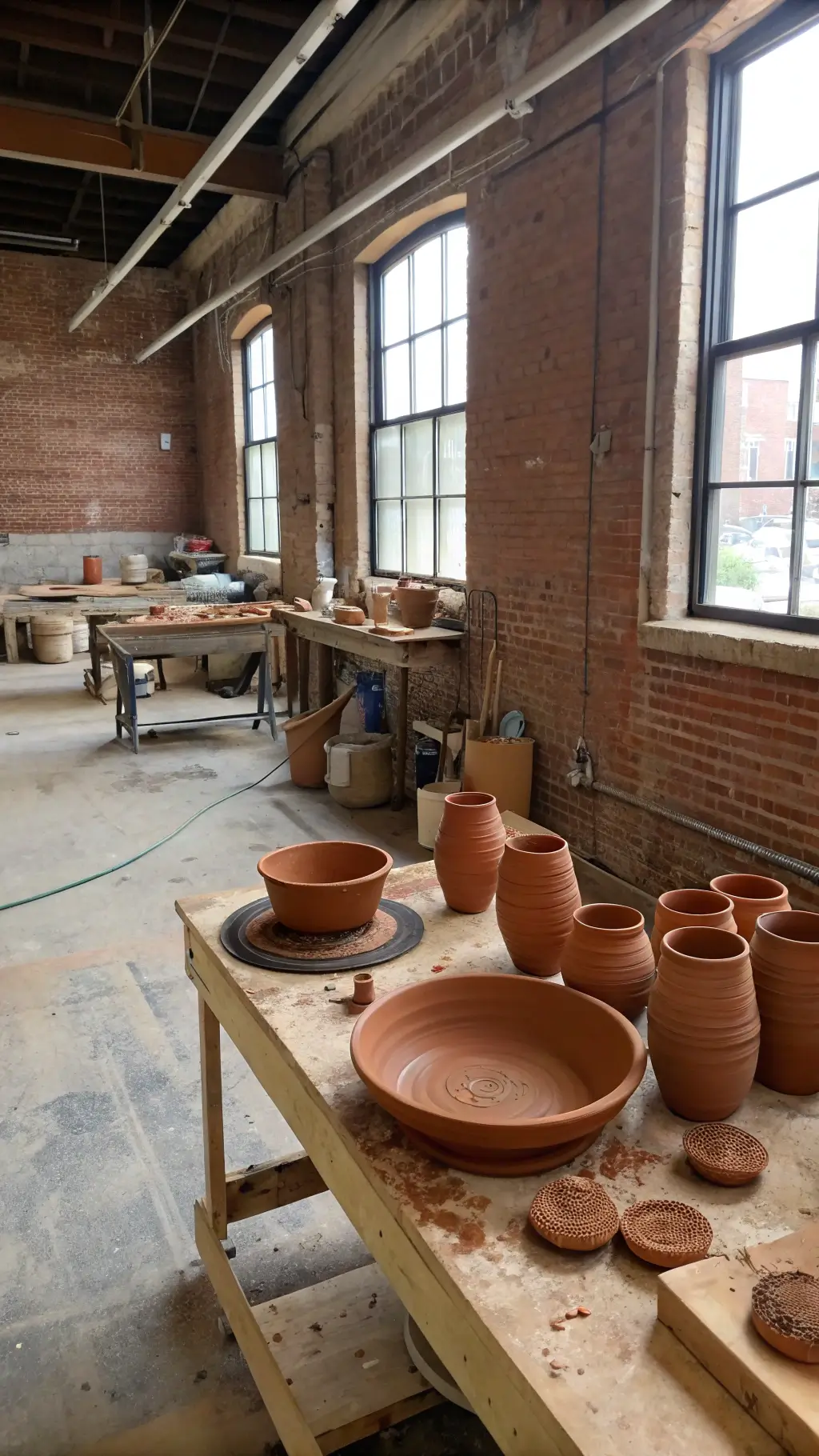 Artist's pottery studio with exposed brick, clay-spattered table, and wabi-sabi ceramics