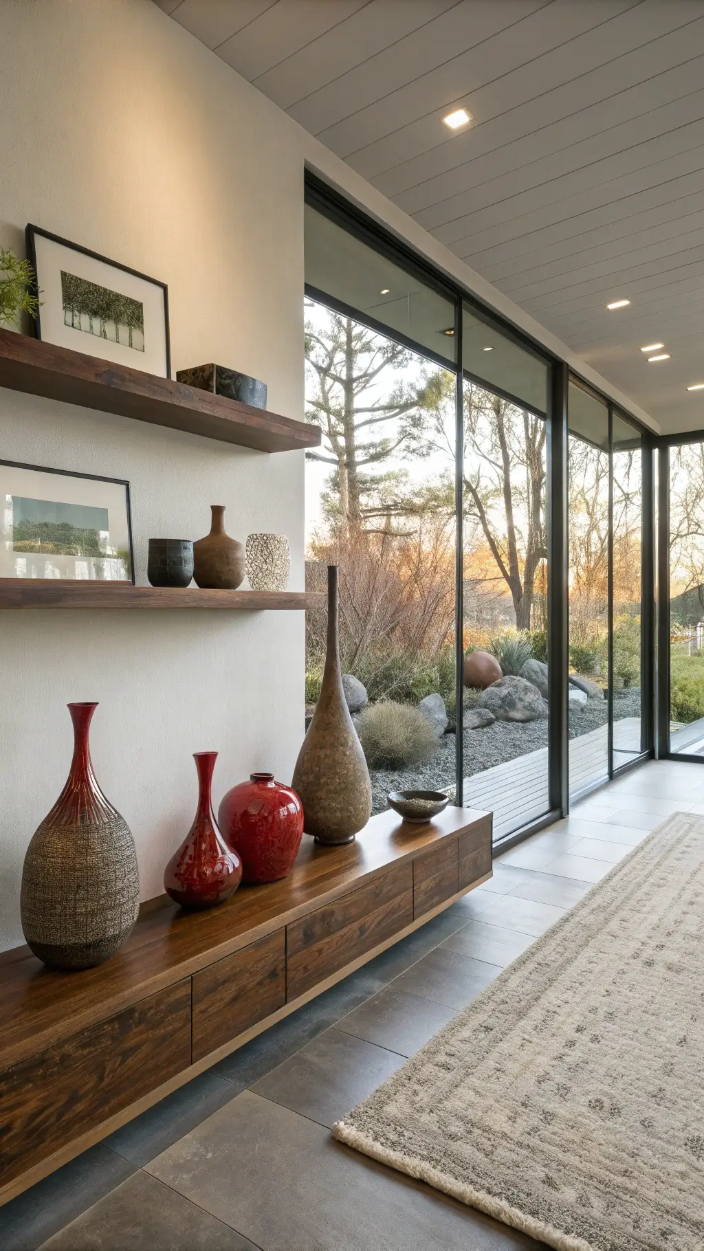 Afternoon light illuminating wabi-sabi ceramics on walnut shelf in minimalist living room overlooking zen garden