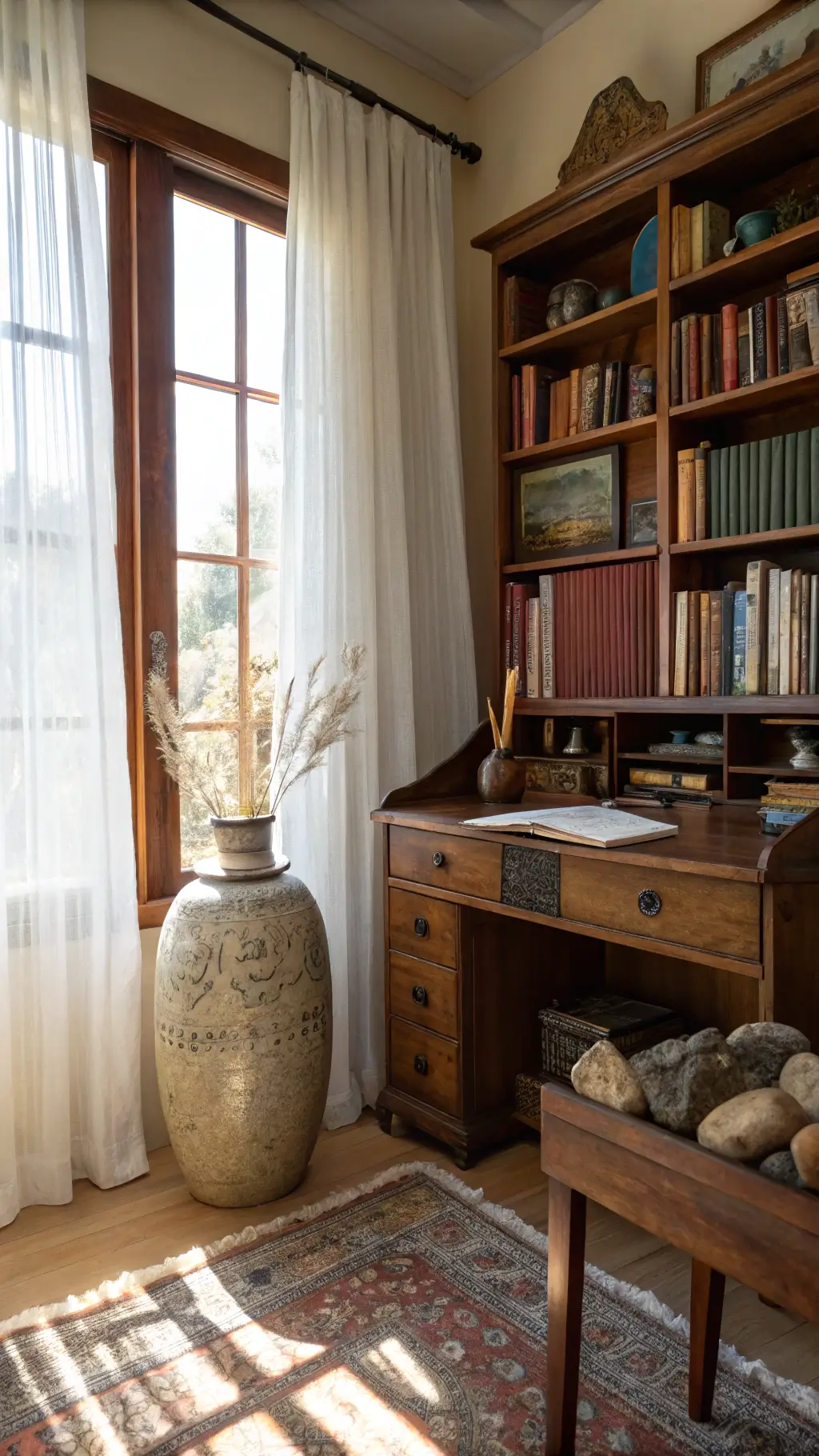 Meditative home office with antique desk and wabi-sabi vessel holding calligraphy brushes