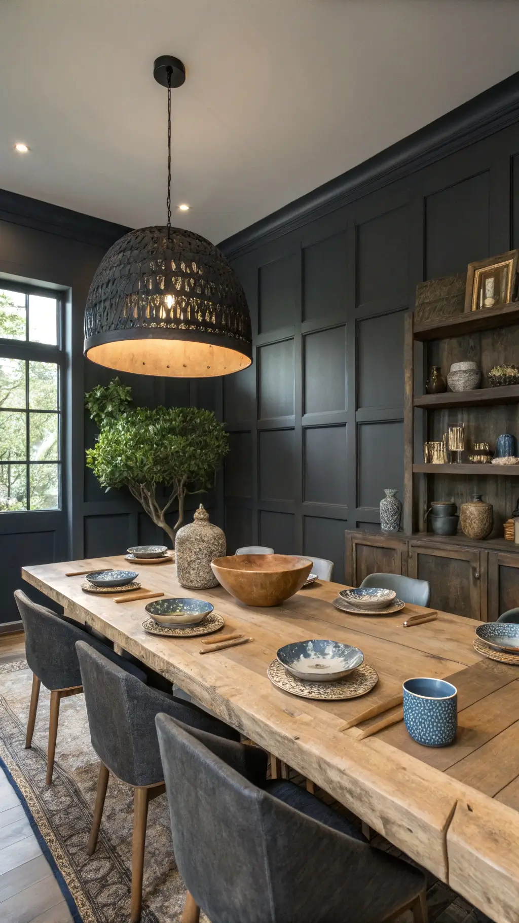 Contemporary dining room with reclaimed wood table and wabi-sabi serving vessels