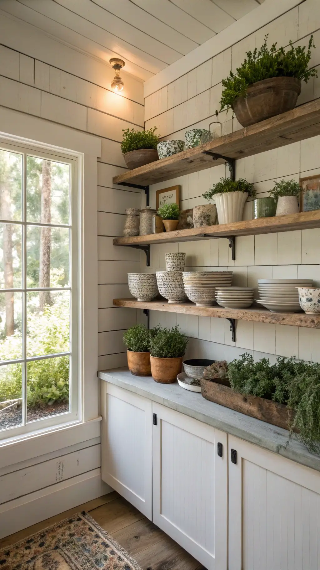 Rustic kitchen nook with handmade pottery and fresh herbs illuminated by morning light